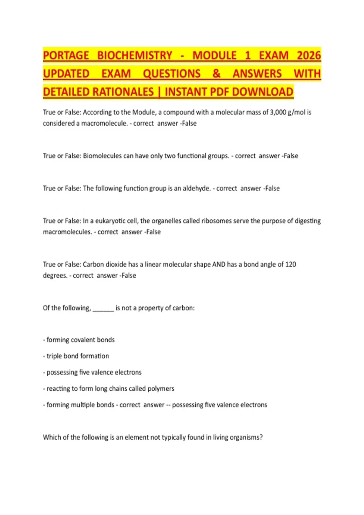 PORTAGE BIOCHEMISTRY - MODULE 1 EXAM 2026 UPDATED EXAM QUESTIONS ...