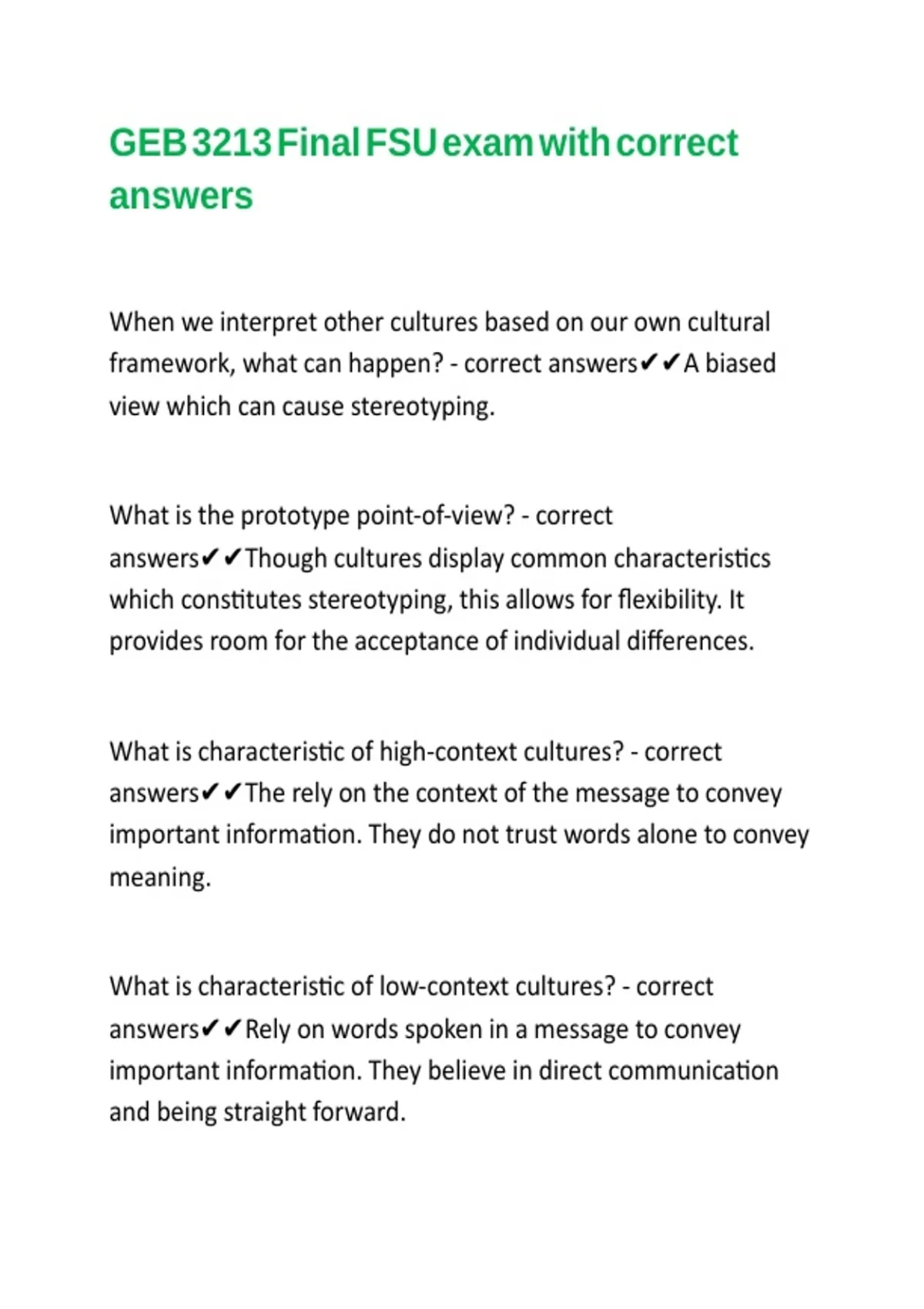 GEB 3213 Final FSU exam with correct answers - GEB 3213 - Stuvia US