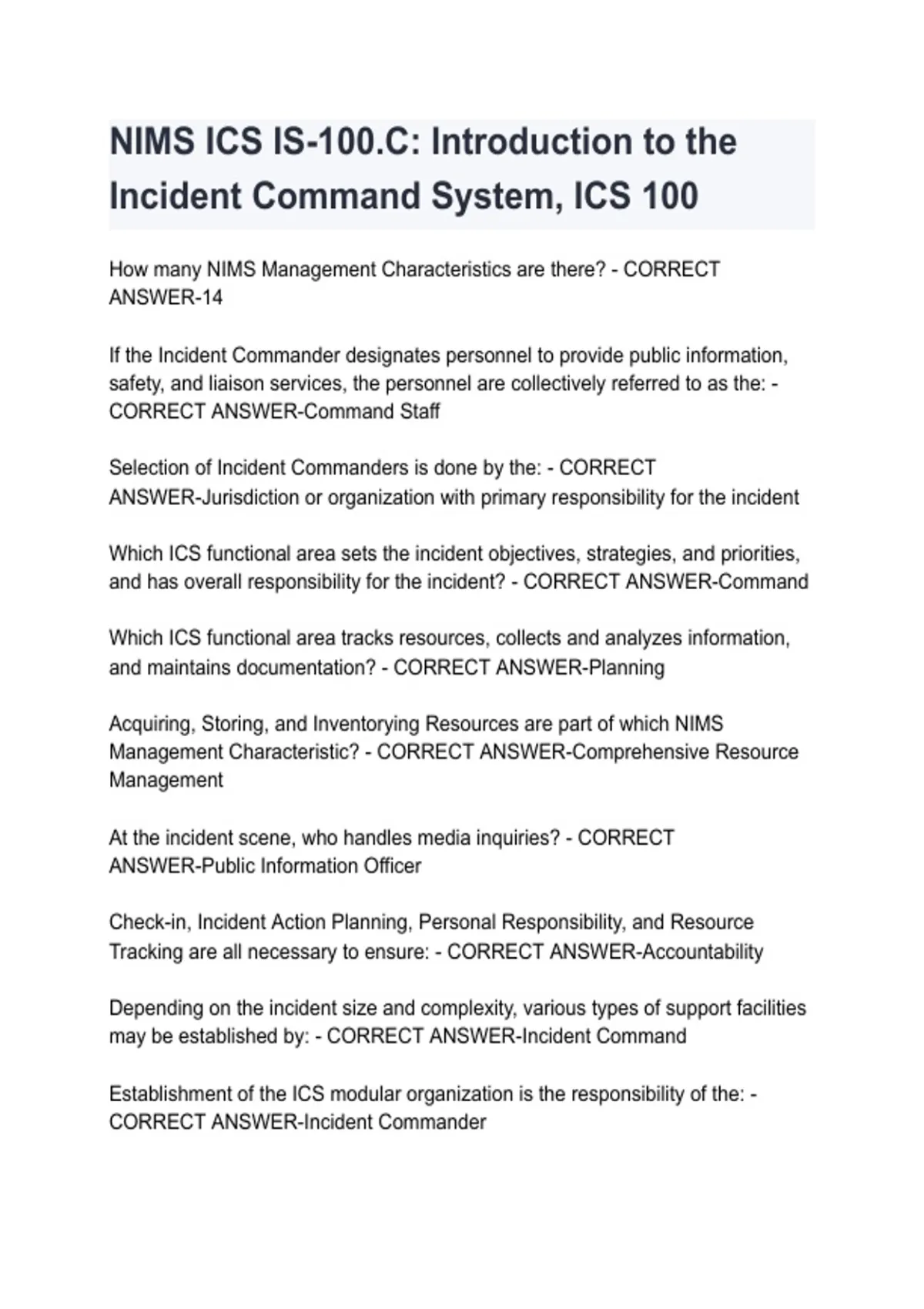 NIMS ICS IS-100.C Introduction to the Incident Command System 2025/2026 ...