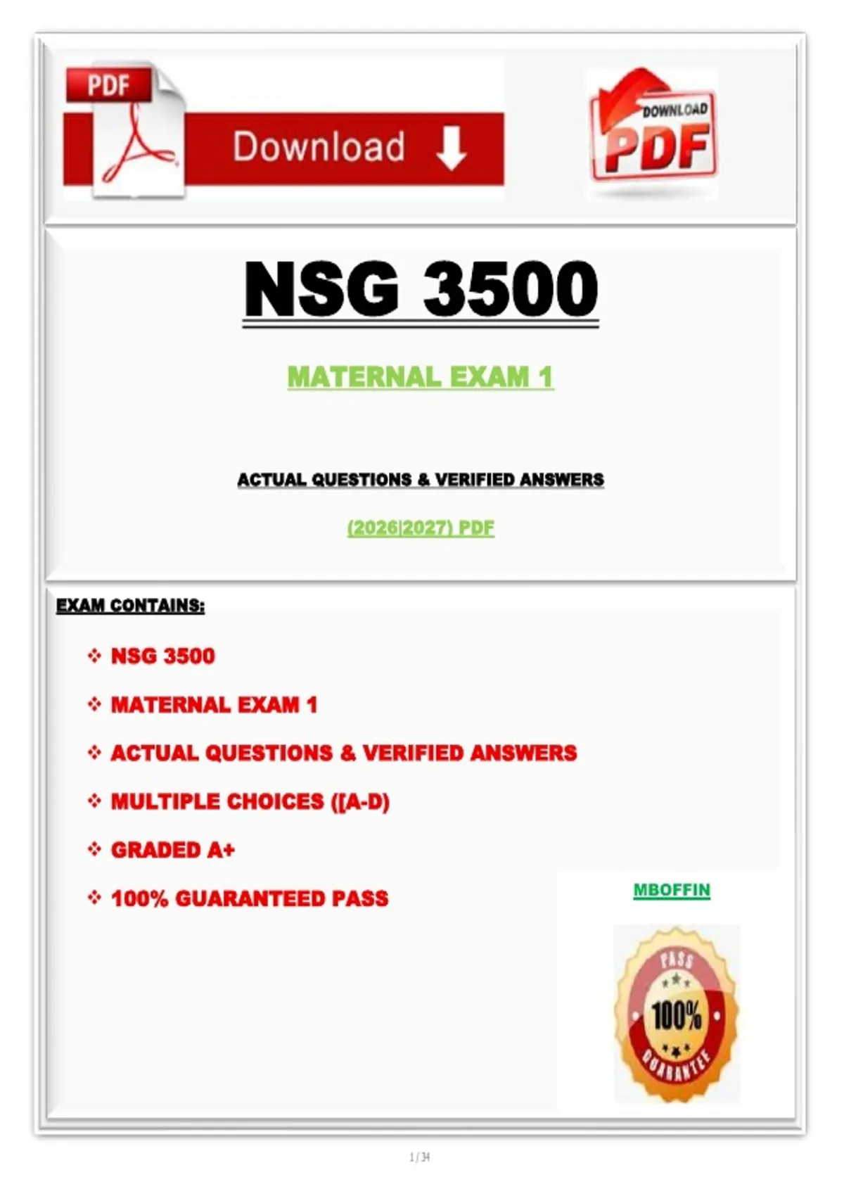NSG 3500 MATERNAL EXAM 1 ACTUAL QUESTIONS & VERIFIED ANSWERS (2026|2027 ...