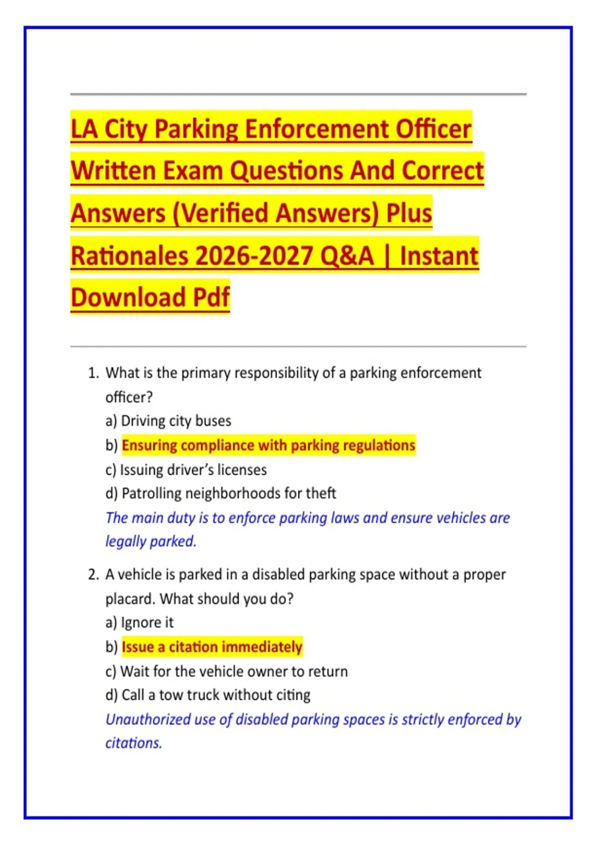 LA City Parking Enforcement Officer Written Exam Questions And Correct Answers (Verified Answers ...