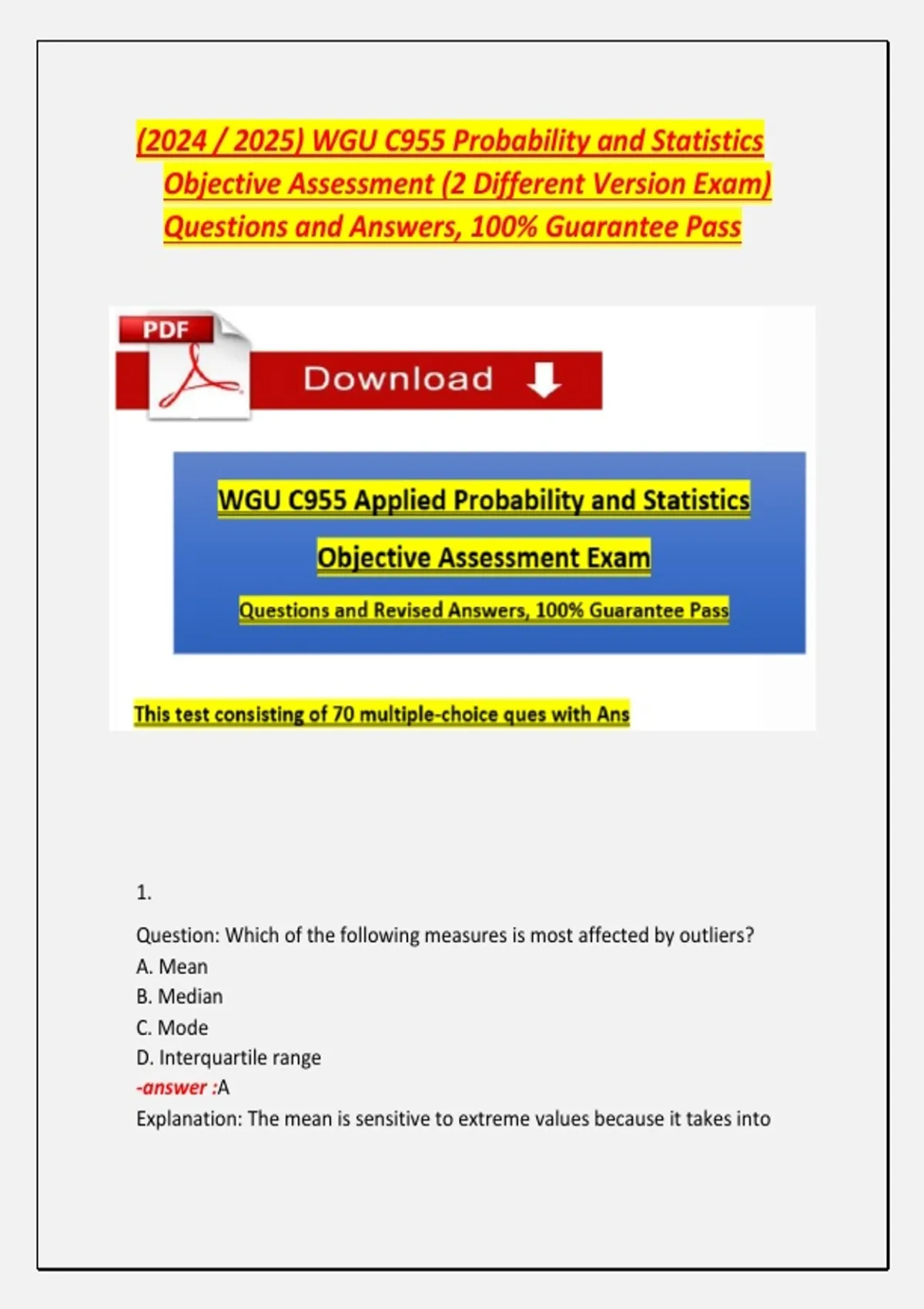 (2024 / 2025) WGU C955 Probability and Statistics Objective Assessment ...