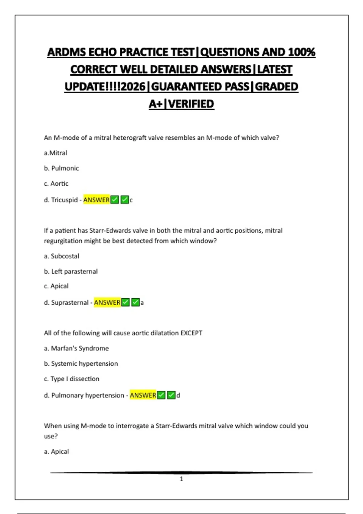 ARDMS ECHO PRACTICE TEST|QUESTIONS AND 100% CORRECT WELL DETAILED ...