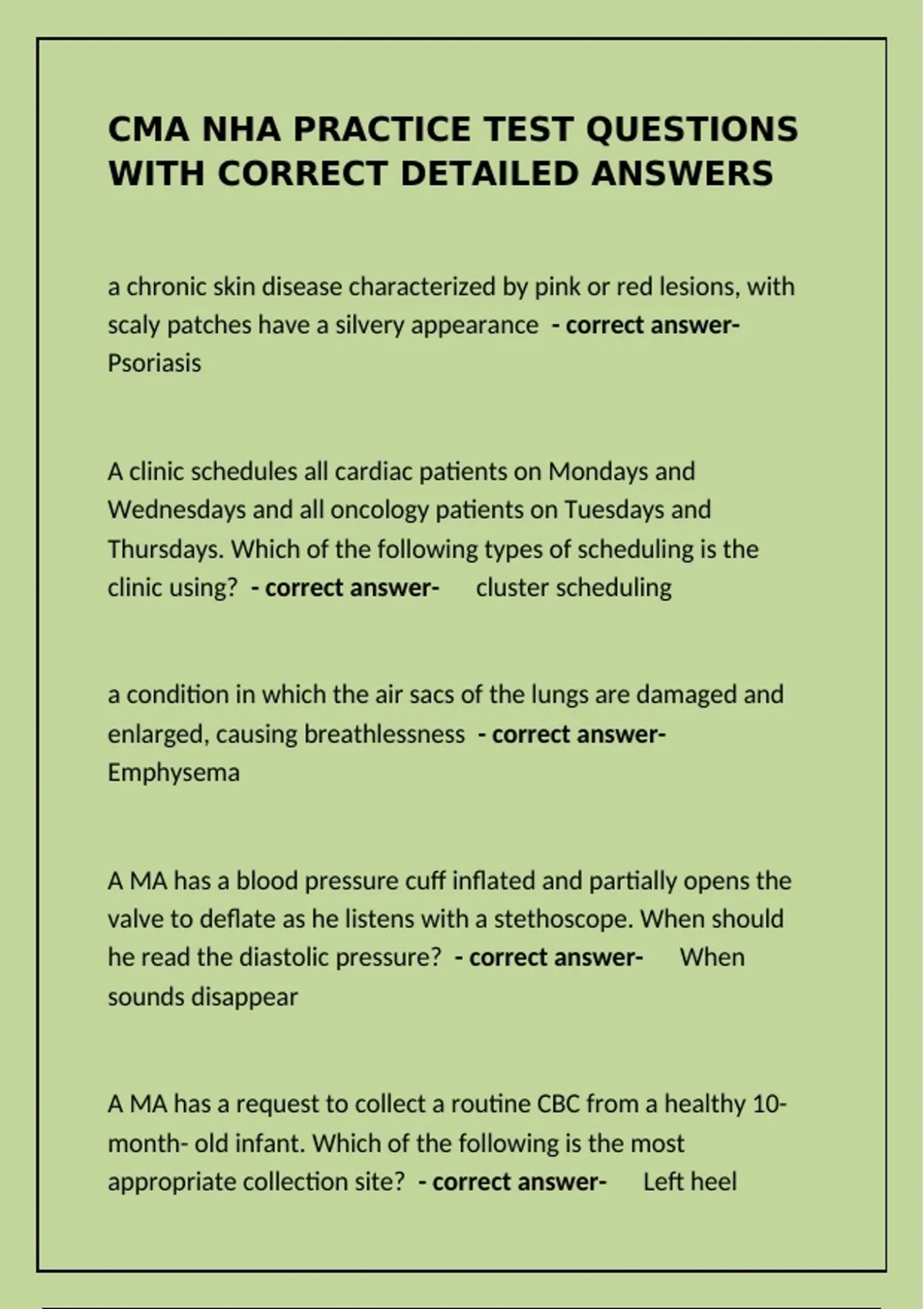 Cma Example Questions CMA NHA Practice Test Questions with correct detailed answers - CMA ...