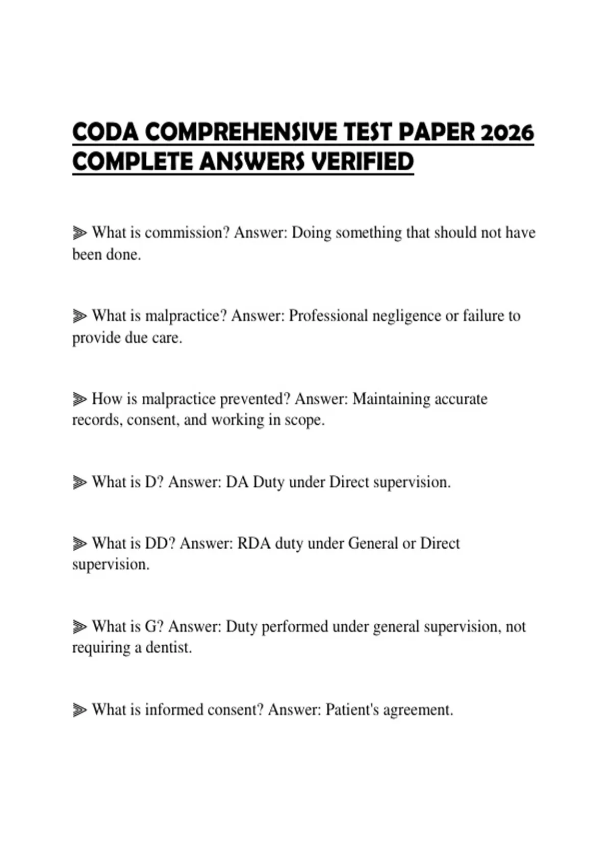 CODA COMPREHENSIVE TEST PAPER 2026 COMPLETE ANSWERS VERIFIED - CODA ...