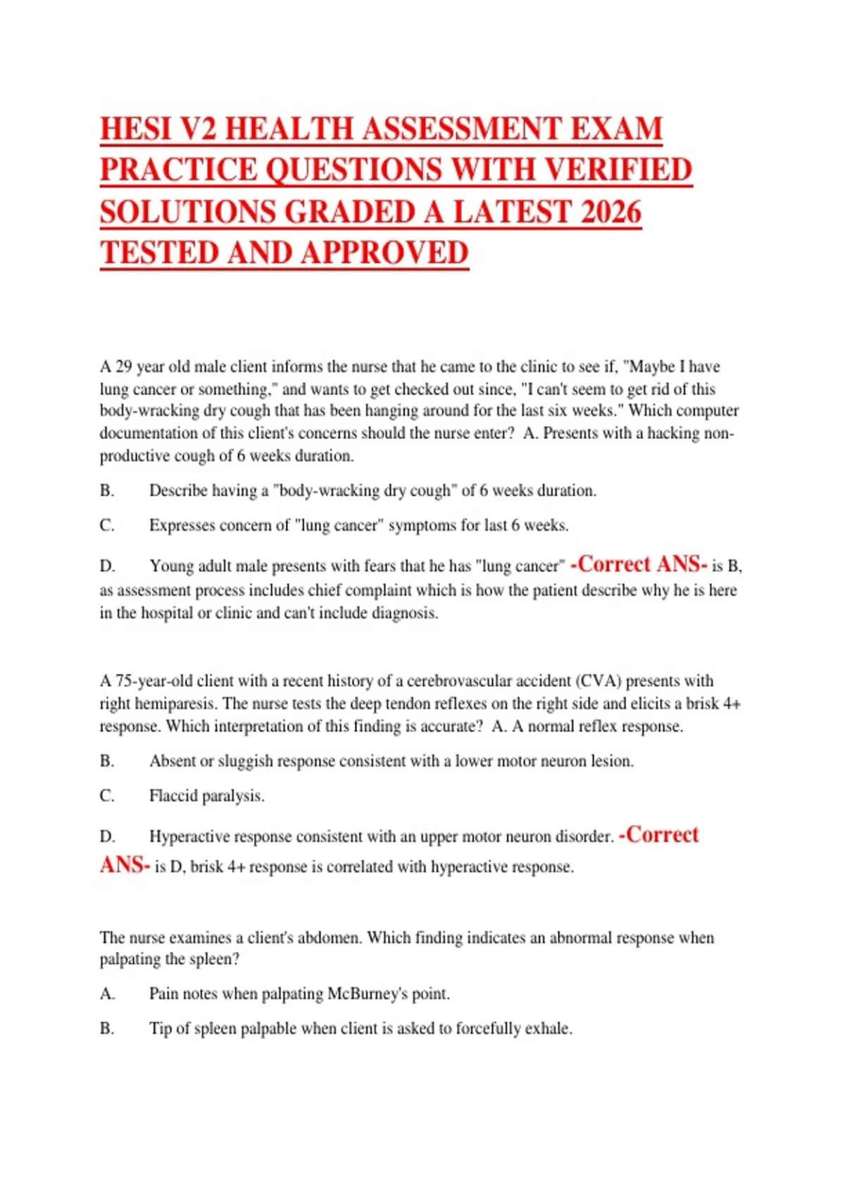 HESI V2 Health Assessment Exam – 2026 Practice Questions with Verified ...