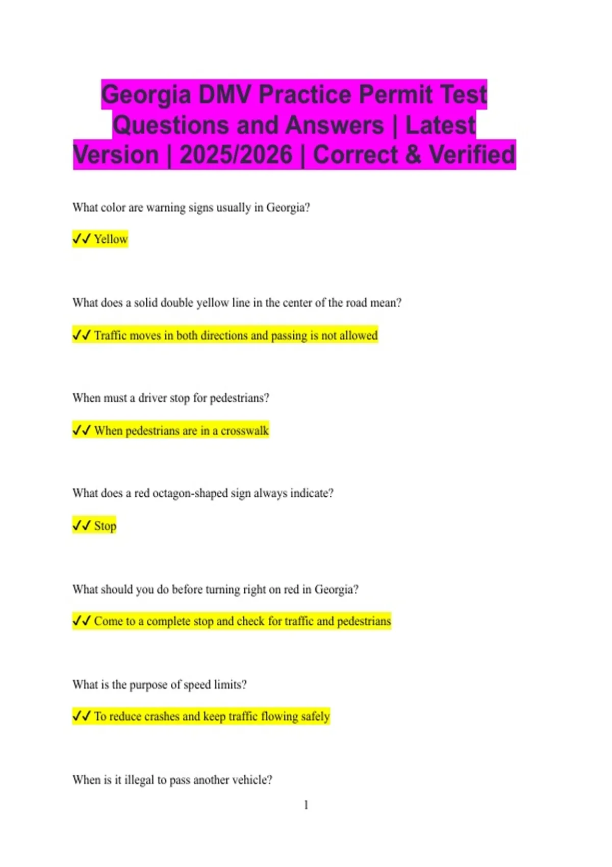 Georgia DMV Practice Permit Test Questions and Answers | Latest Version ...