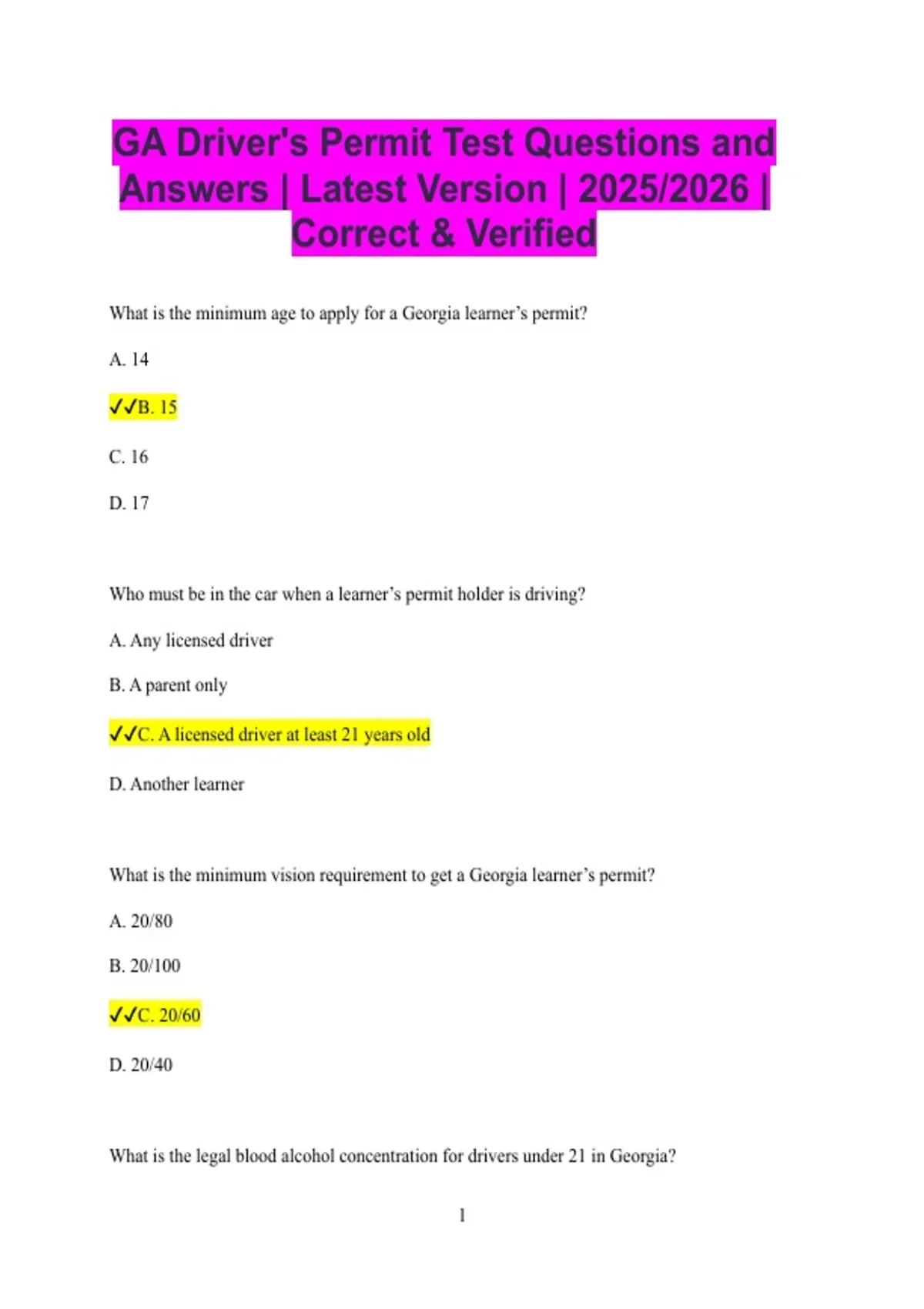 GA Driver's Permit Test Questions and Answers | Latest Version | 2025/ ...