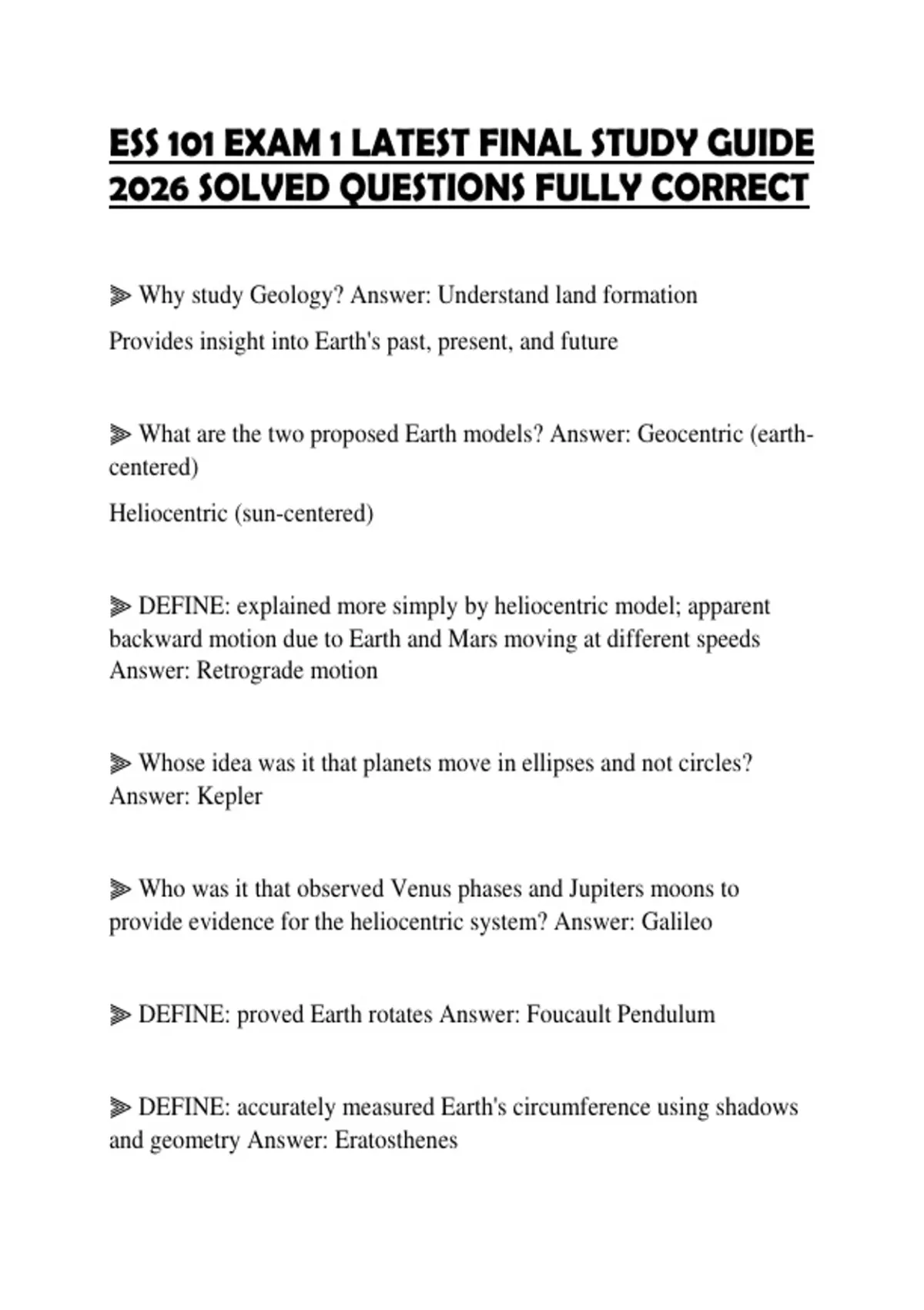 ESS 101 EXAM 1 LATEST FINAL STUDY GUIDE 2026 SOLVED QUESTIONS FULLY ...