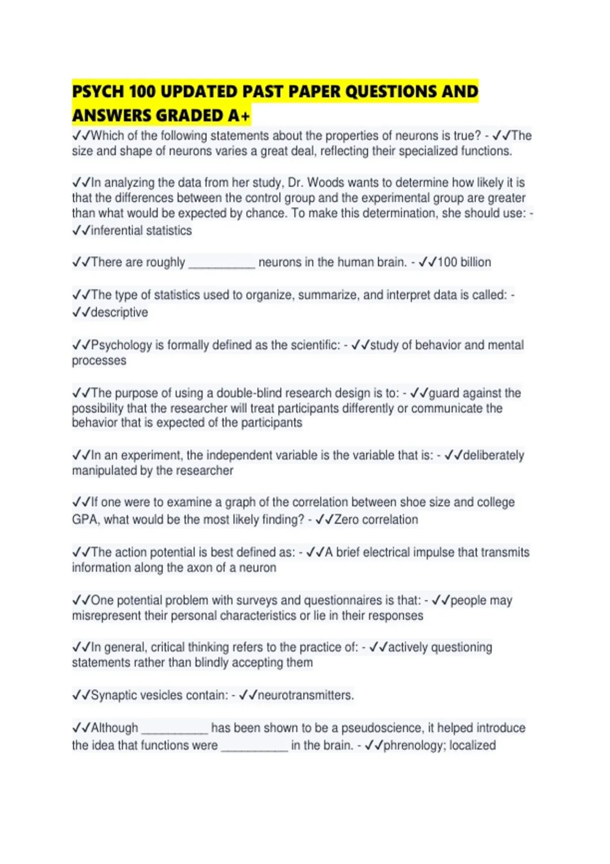 PSYCH 100 UPDATED PAST PAPER QUESTIONS AND ANSWERS GRADED A+ - PSYCH ...