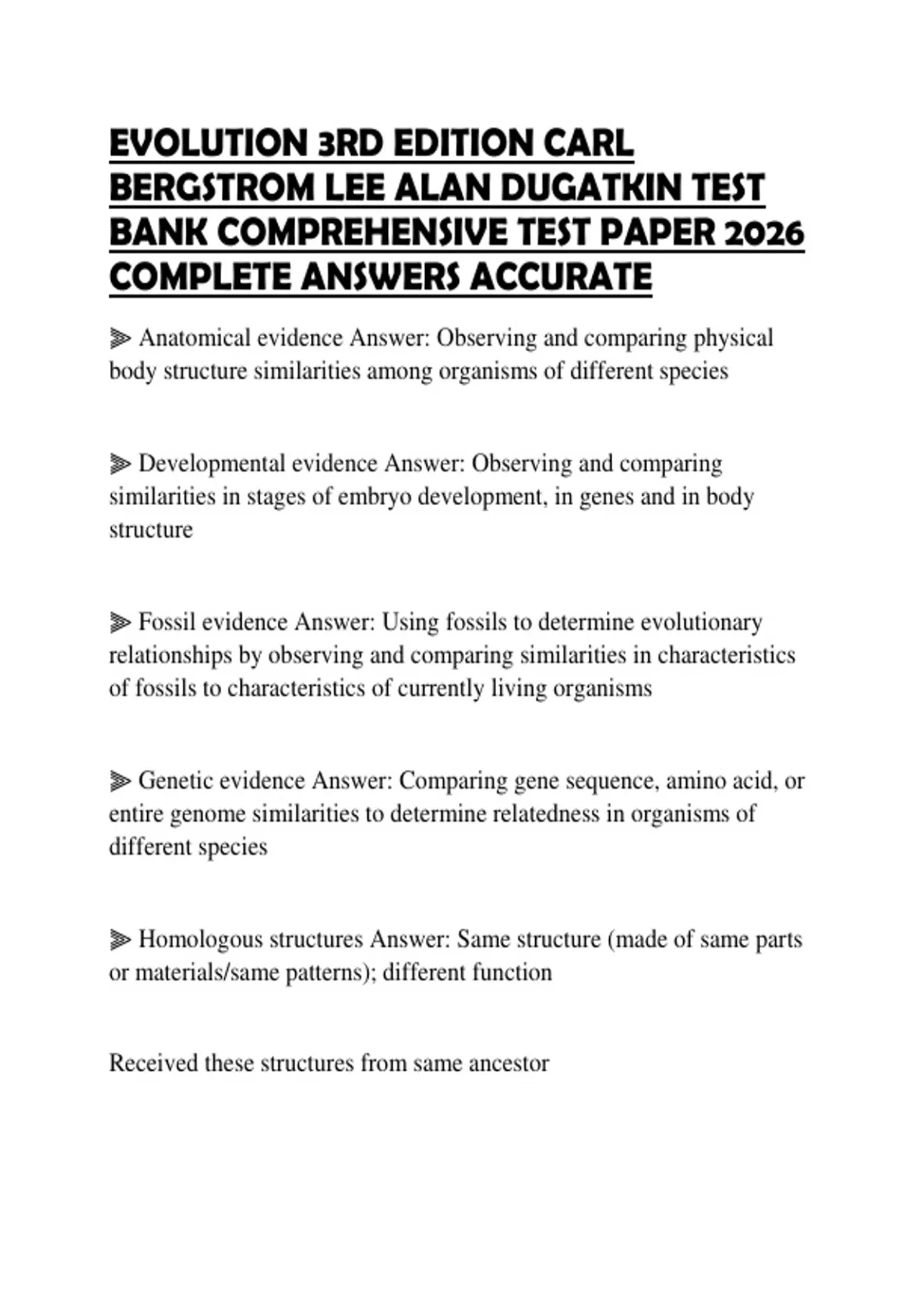 EVOLUTION 3RD EDITION CARL BERGSTROM LEE ALAN DUGATKIN TEST BANK ...