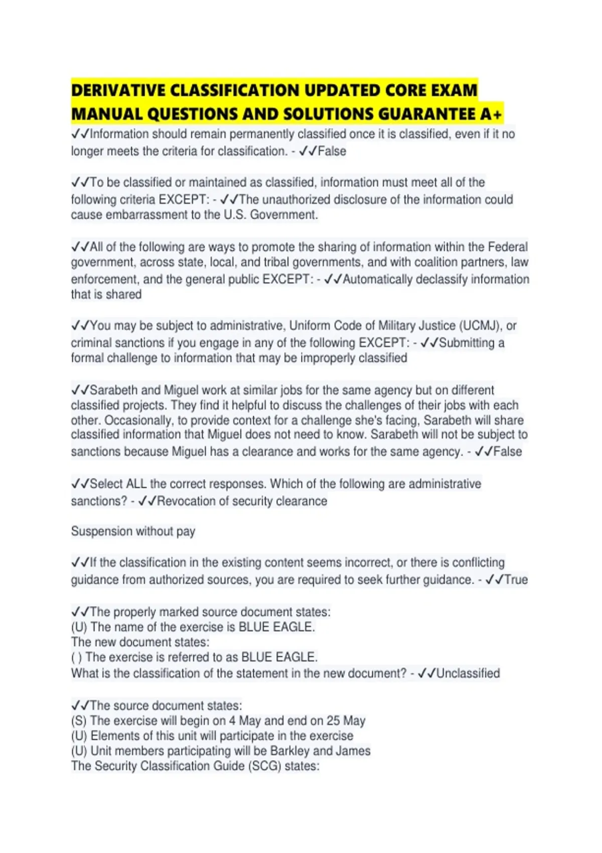 DERIVATIVE CLASSIFICATION UPDATED CORE EXAM MANUAL QUESTIONS AND ...