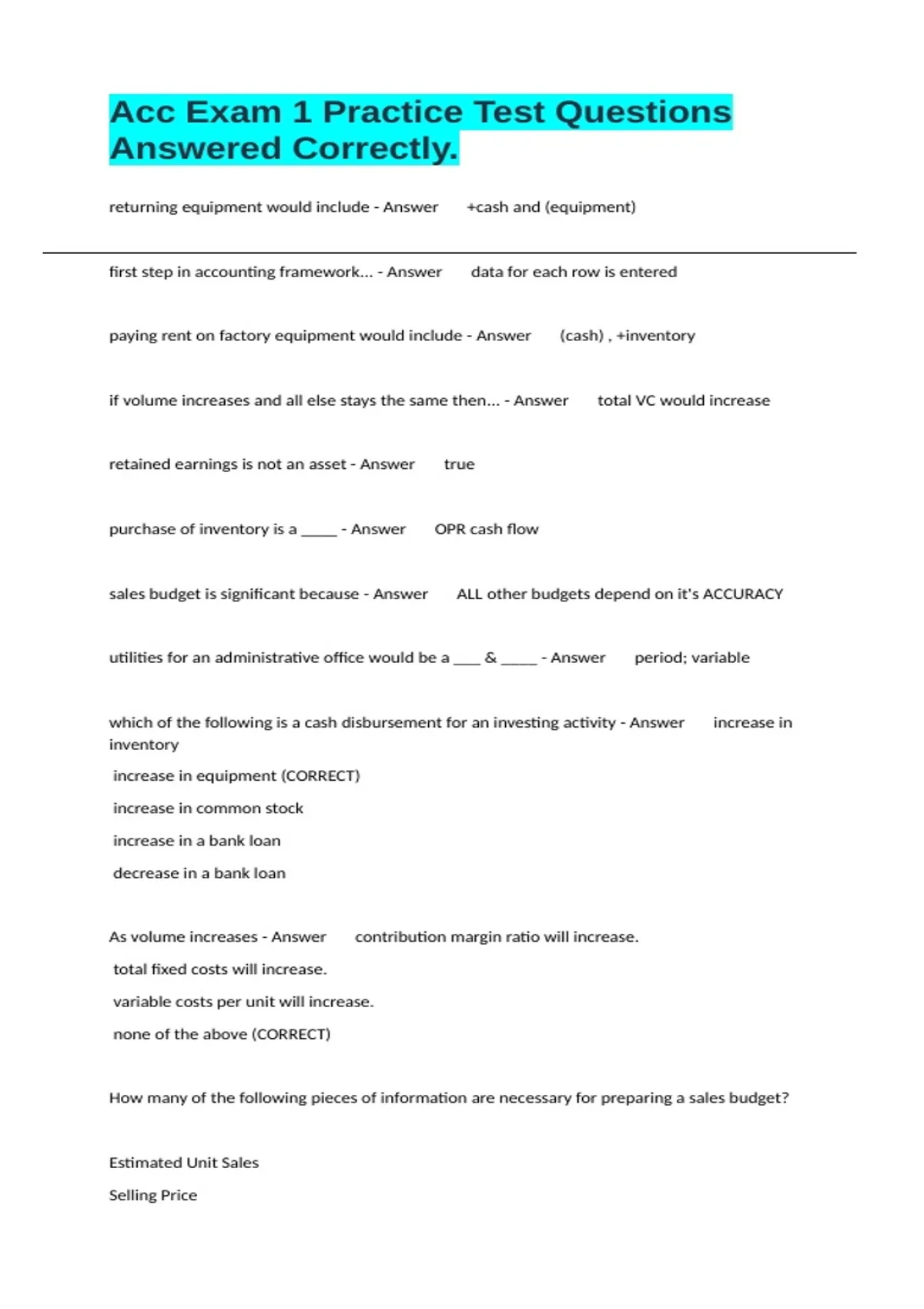 Acc Exam 1 Practice Test Questions Answered Correctly. - Us bank ...