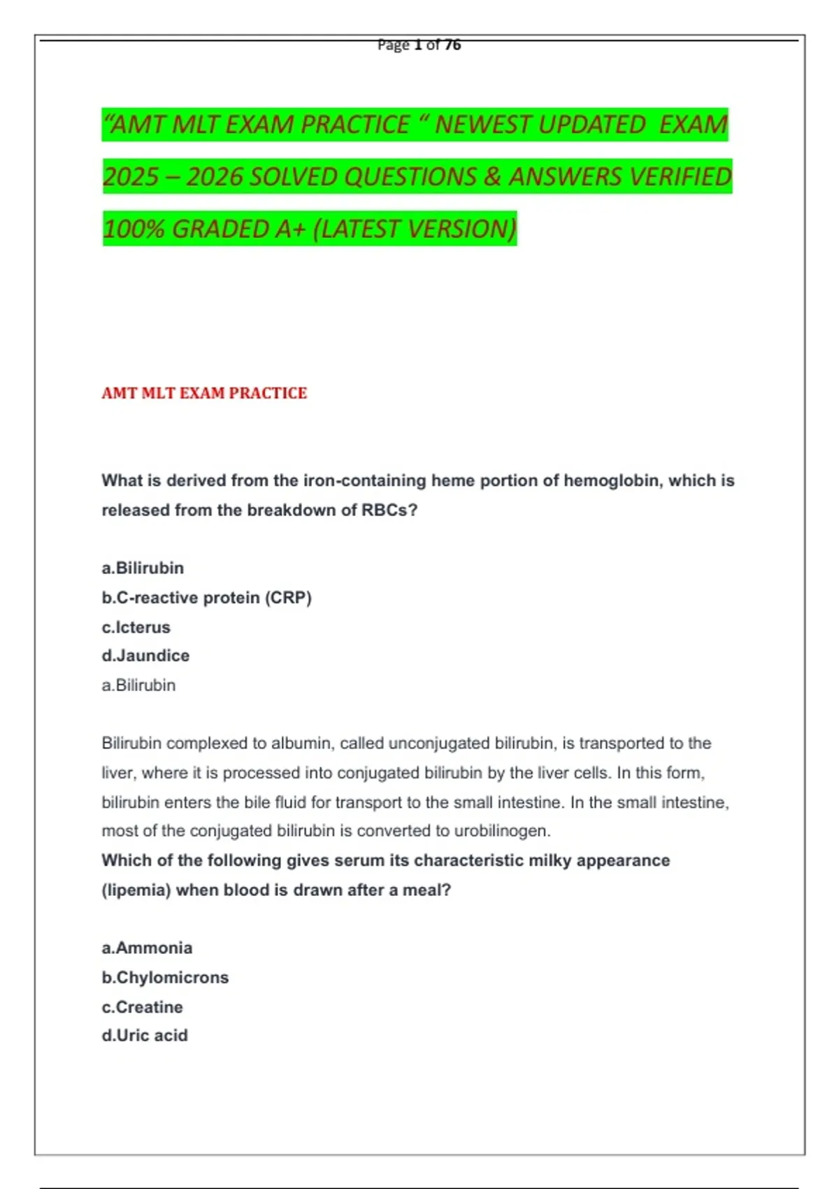 Mlt Comprehensive Exam Question Examples “AMT MLT EXAM PRACTICE “ NEWEST UPDATED EXAM 2025 – 2026 SOLVED ...