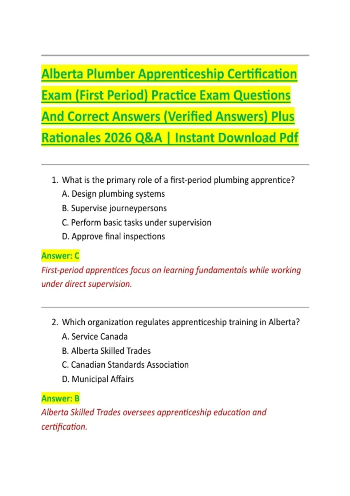 Alberta Plumber Apprenticeship Certification Exam (First Period ...