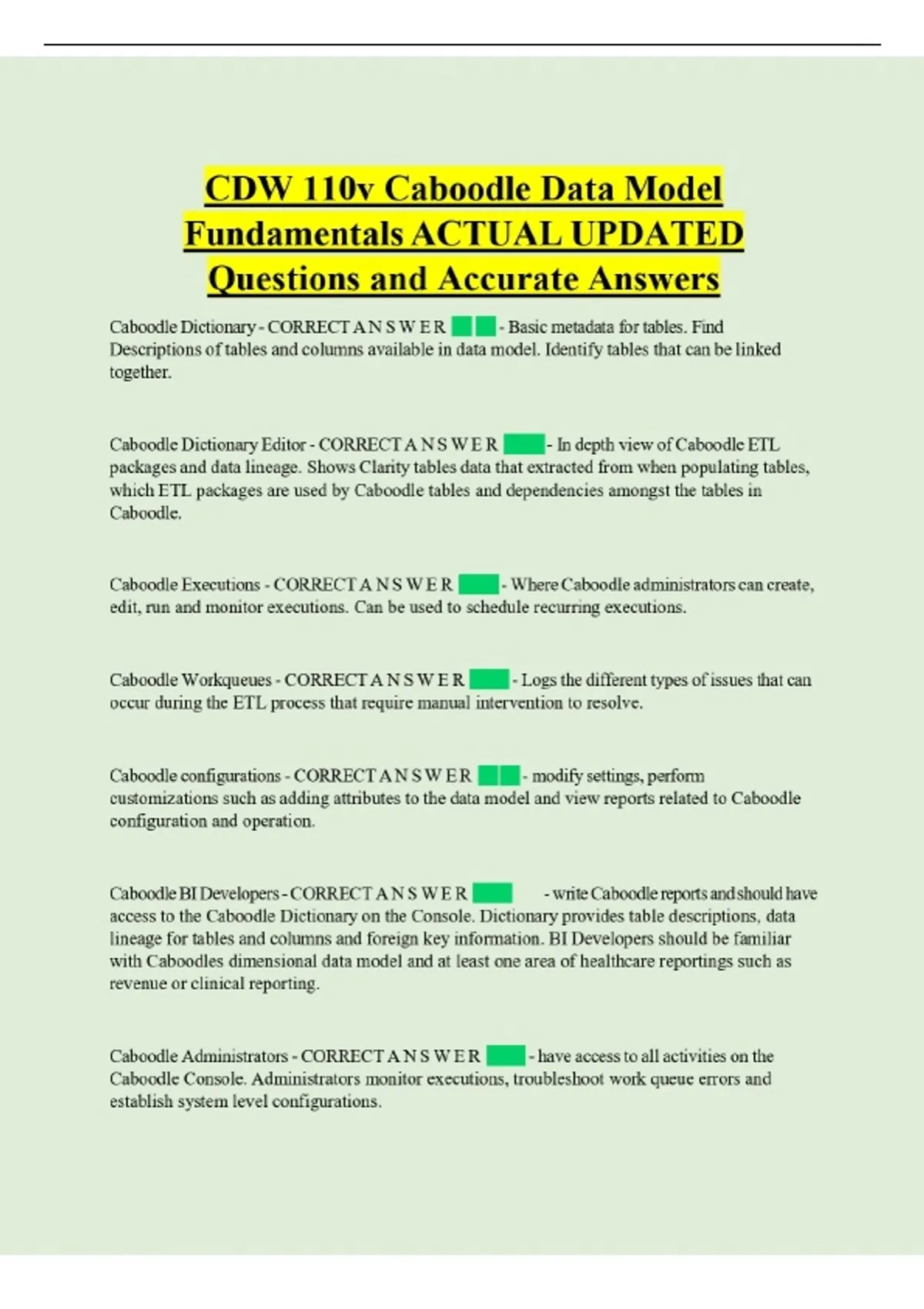 CDW 110v Caboodle Data Model Fundamentals ACTUAL UPDATED Questions and ...