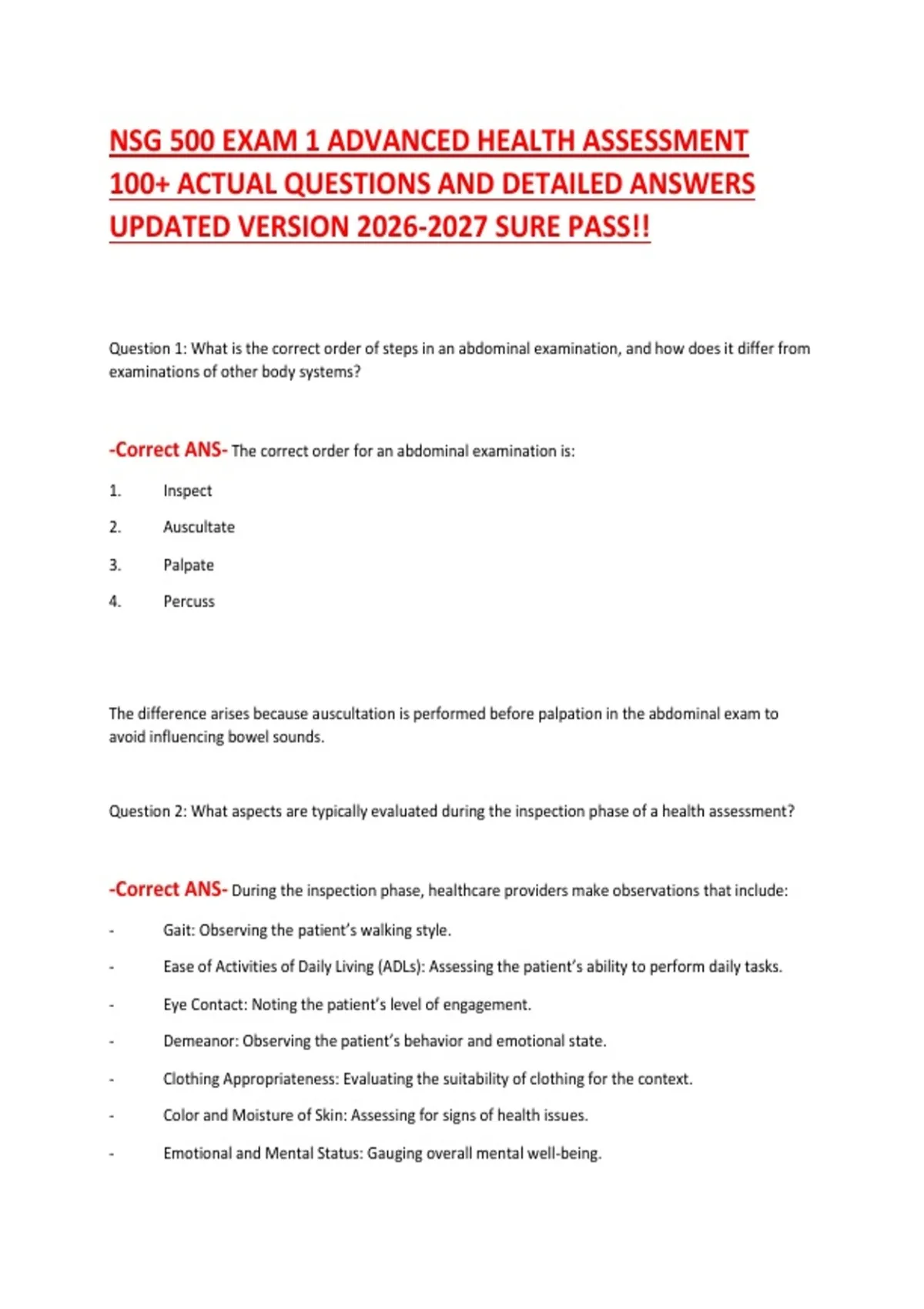 NSG 500 Advanced Health Assessment – Exam 1 (2026–2027) | 100+ Actual ...