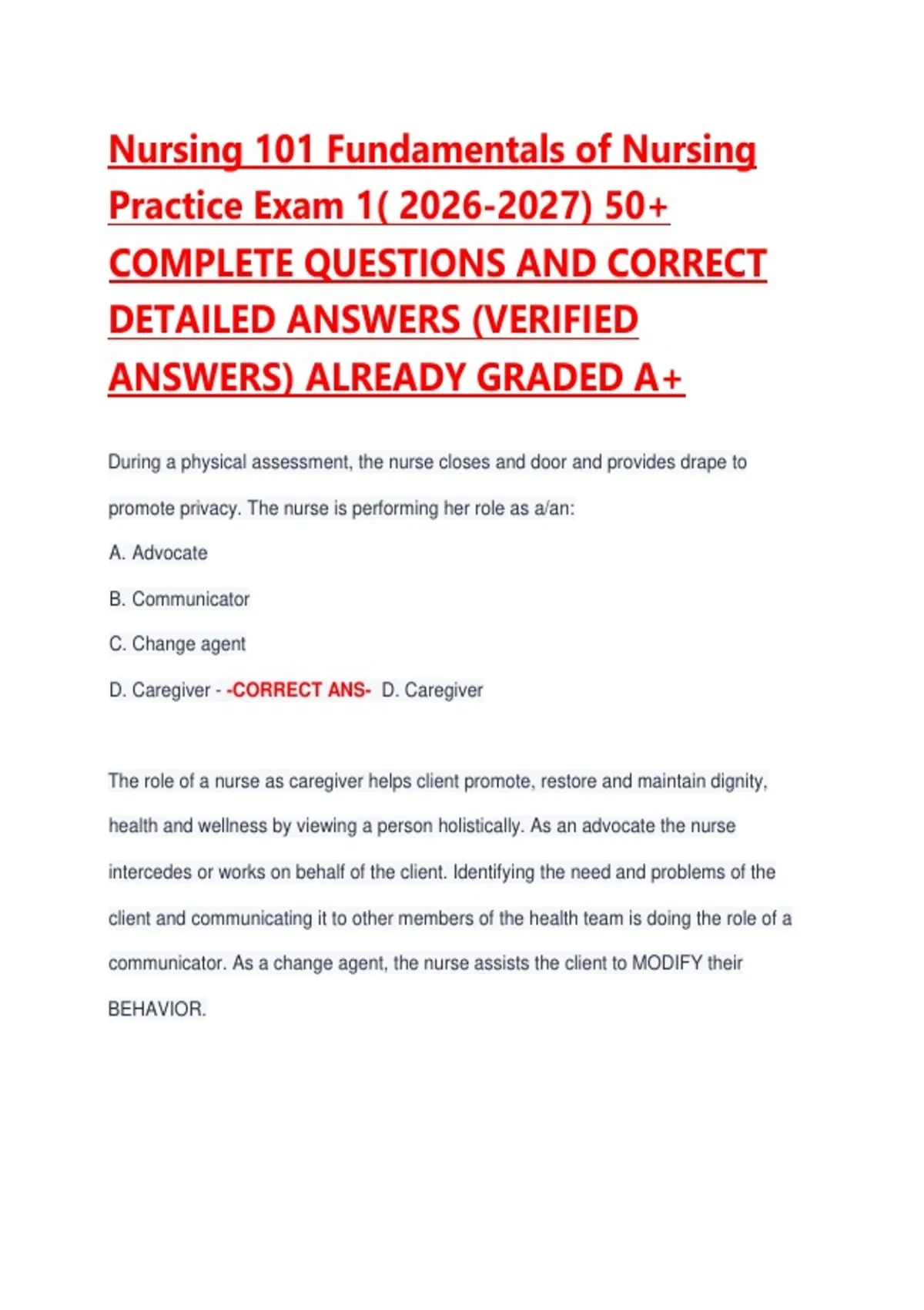 Nursing 101 – Fundamentals of Nursing Exam Practice (2026–2027) | 50 ...