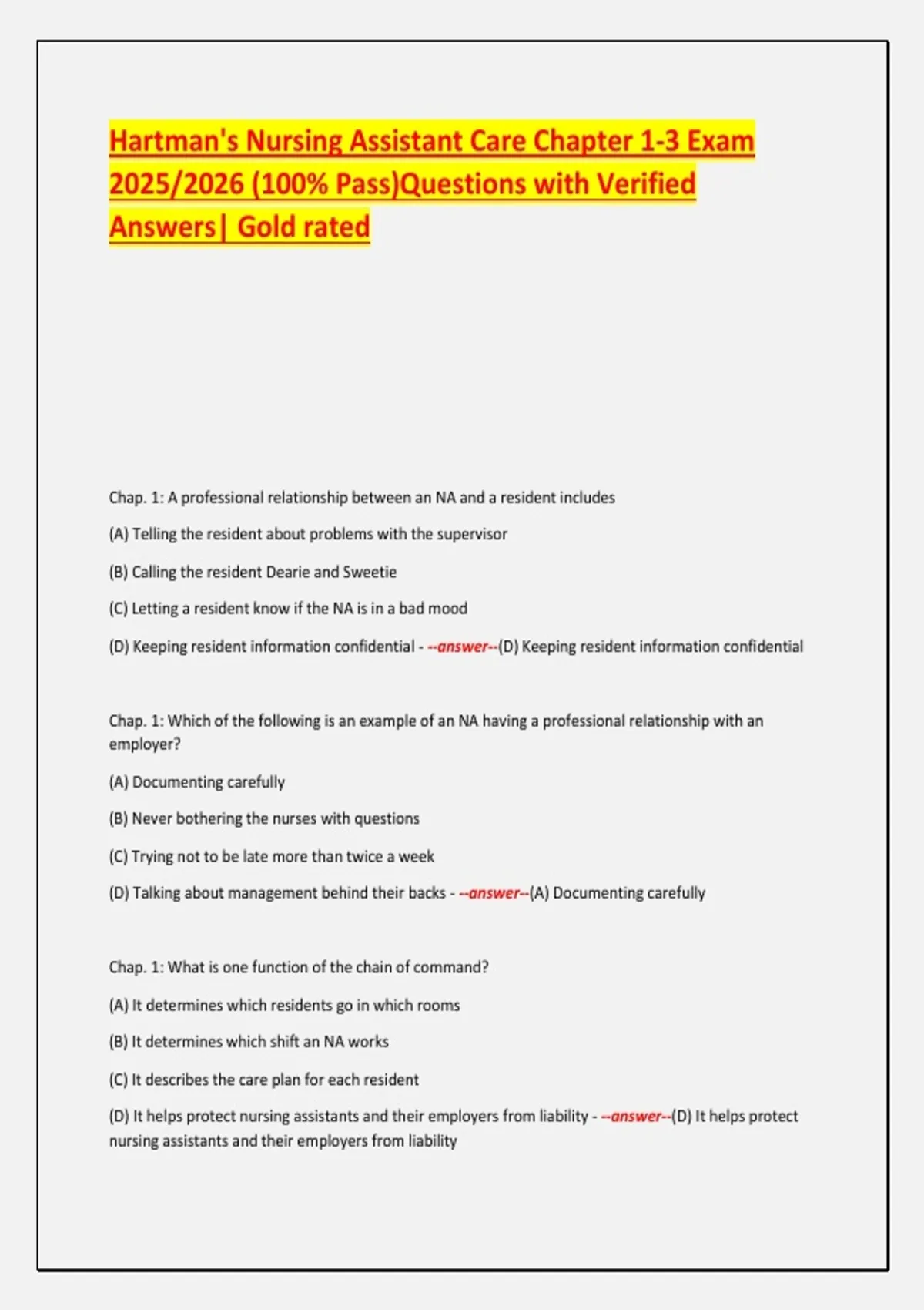 Hartman's Nursing Assistant Care Chapter 1-3 Exam 2025/2026 (100% Pass ...
