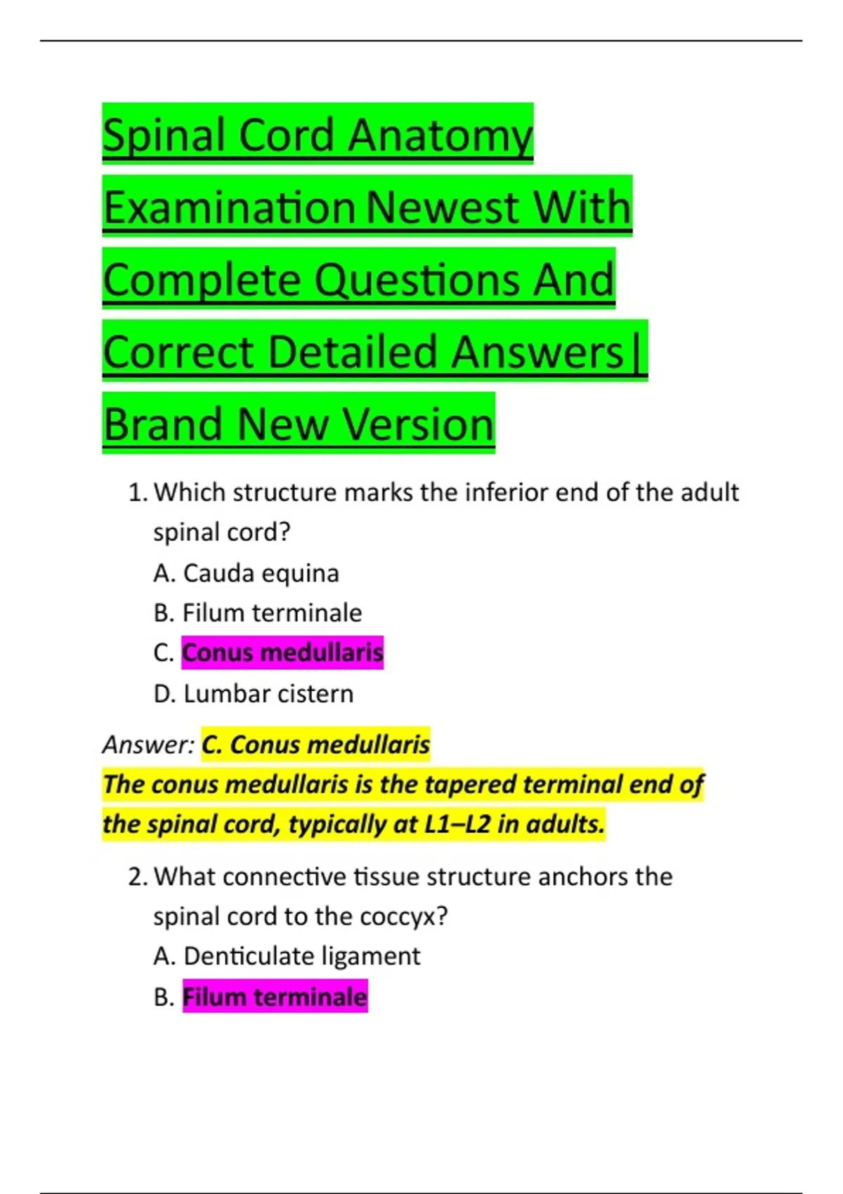 Spinal Cord Anatomy Examination Newest With Complete Questions And ...
