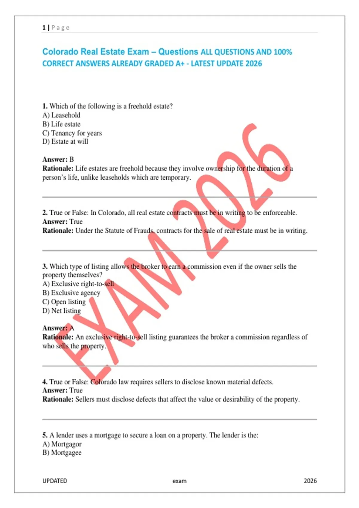 Colorado Real Estate Exam – Complete Practice Questions with Verified Answers – Latest Update ...