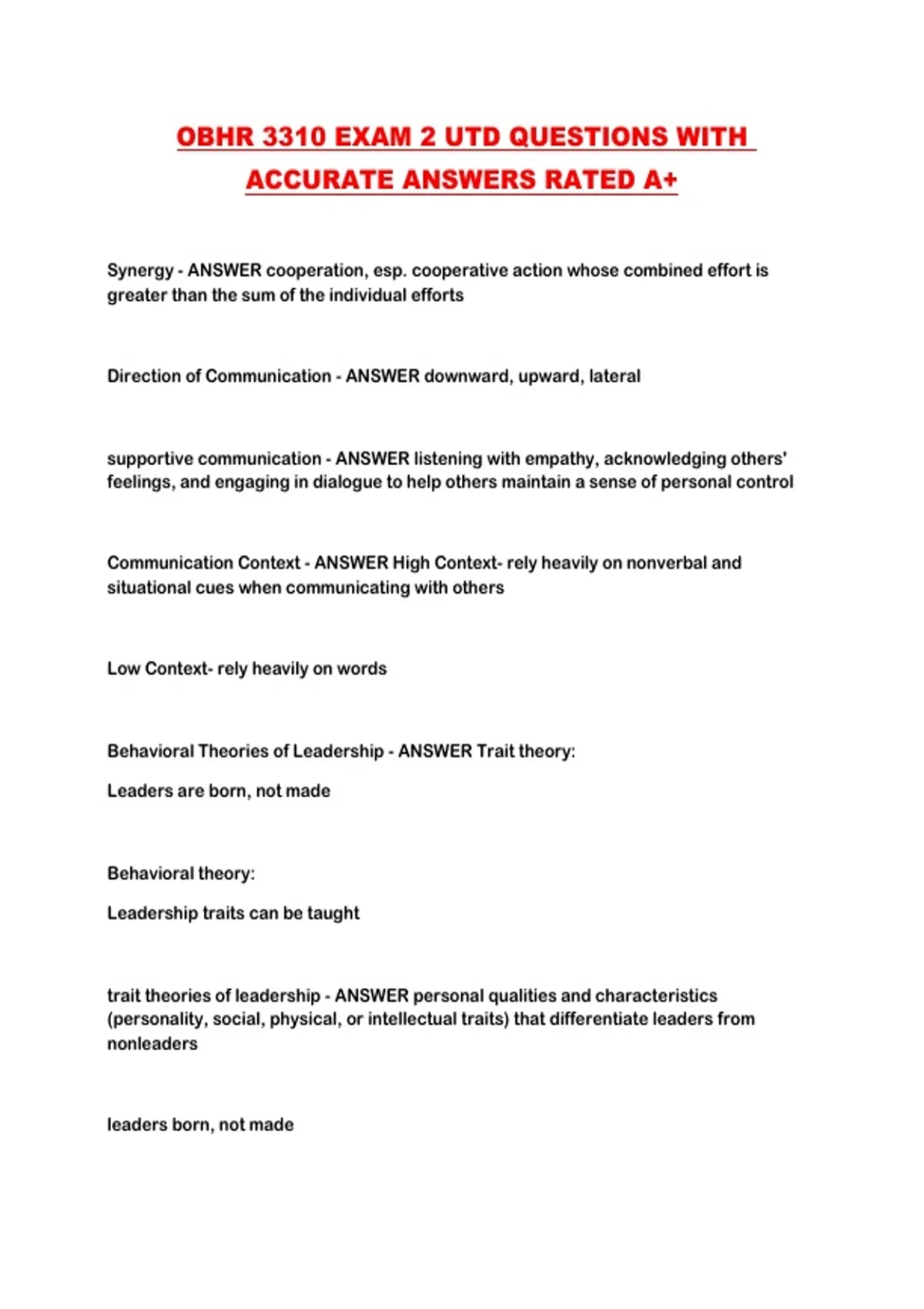 OBHR 3310 EXAM 2 UTD QUESTIONS WITH ACCURATE ANSWERS RATED A+ - OBHR ...