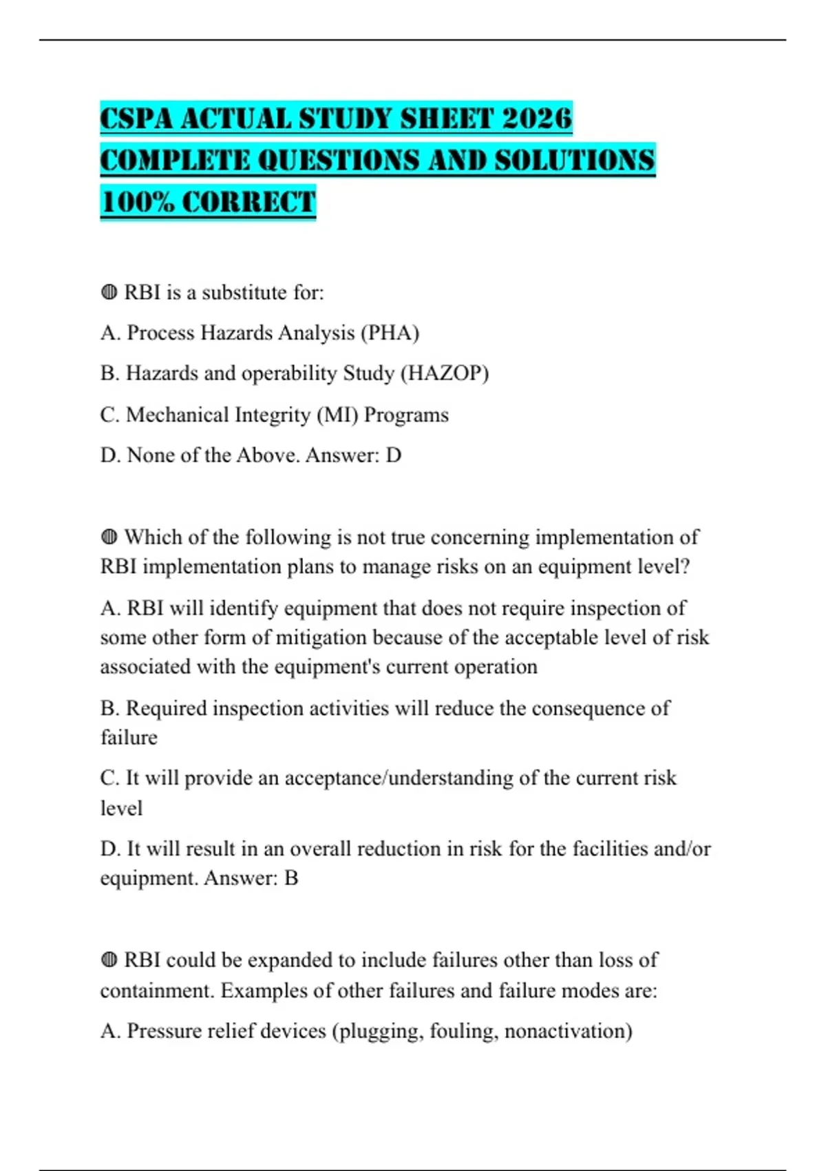 CSPA ACTUAL STUDY SHEET 2026 COMPLETE QUESTIONS AND SOLUTIONS 100% ...