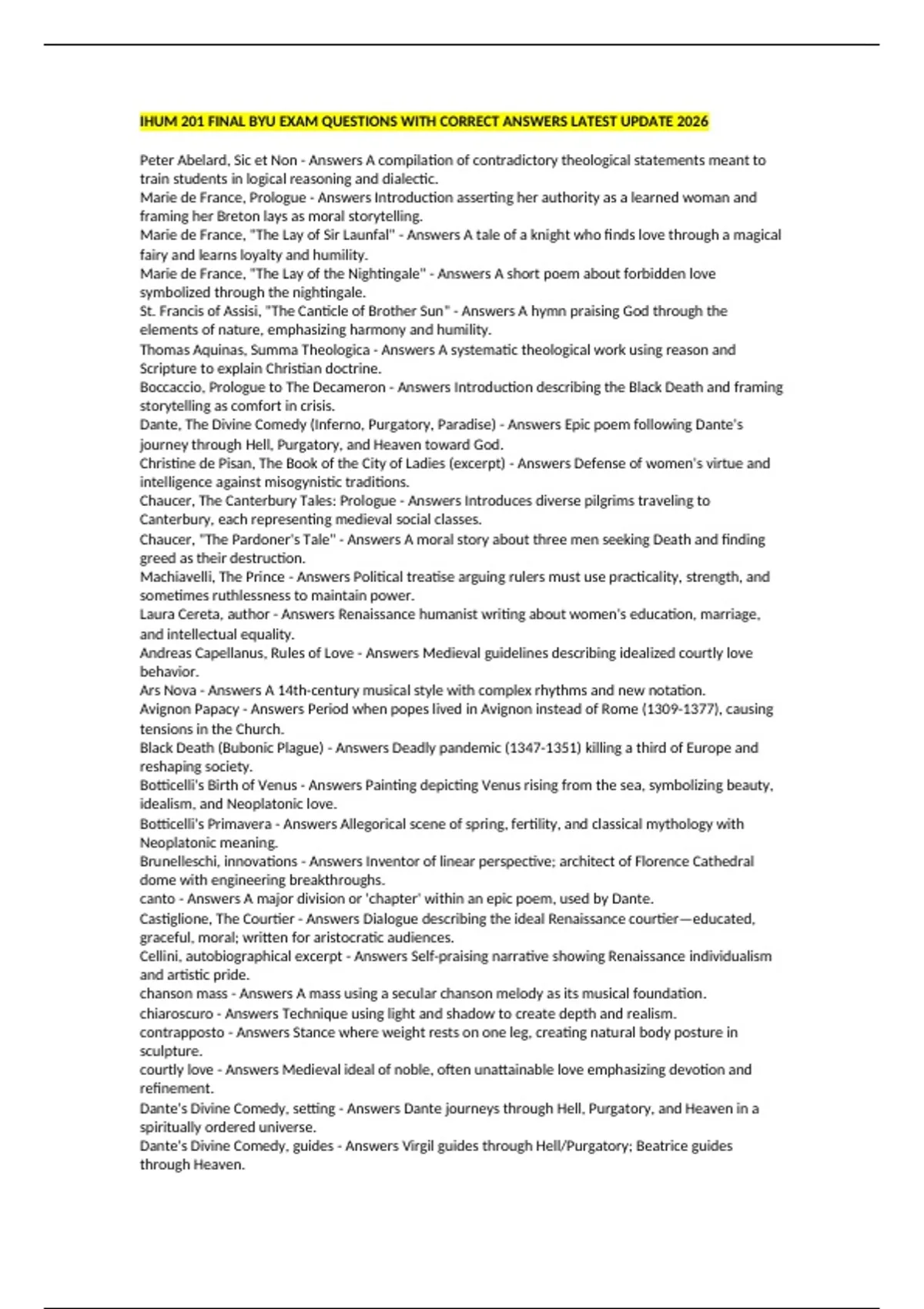 IHUM 201 FINAL BYU EXAM QUESTIONS WITH CORRECT ANSWERS LATEST UPDATE ...
