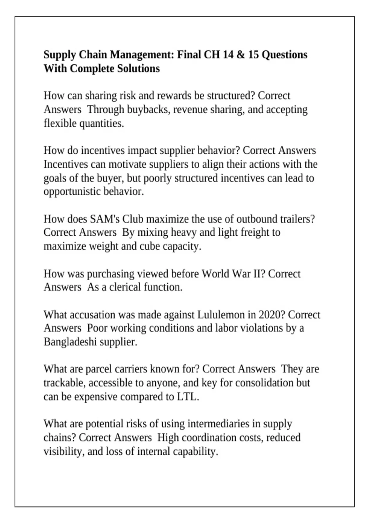 Suply Chain Assignment Question Supply Chain Management: Final CH 14 & 15 Questions With Complete ...