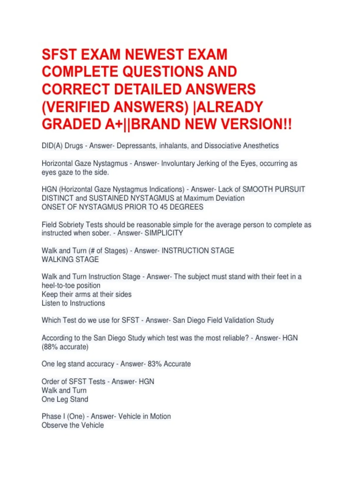 SFST EXAM NEWEST EXAM COMPLETE QUESTIONS AND CORRECT DETAILED ANSWERS ...