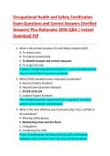 Occupational Health and Safety Certification  Exam Questions and Correct Answers &lpar;Verified  Answers&rpar; Plus Rationales 2026 Q&A &vert; Instant  Download Pdf