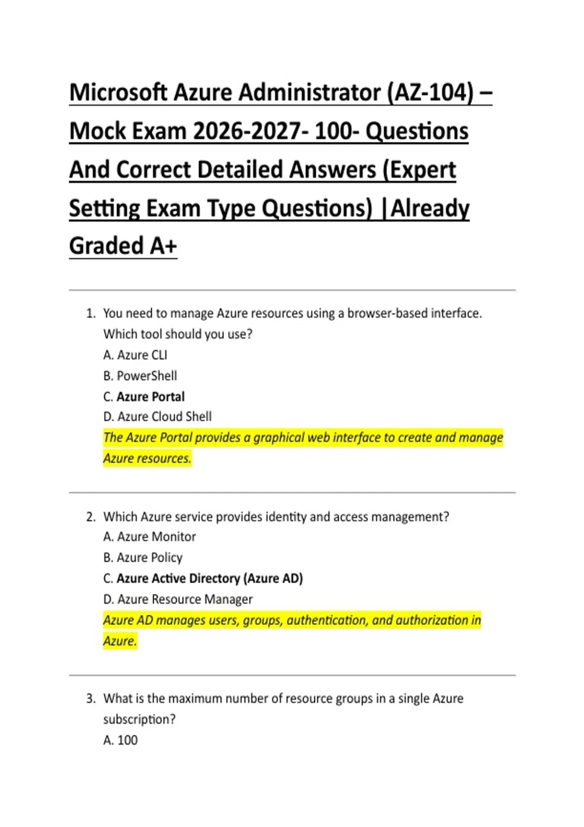Microsoft Azure Administrator (AZ-104) – Mock Exam - Questions And ...