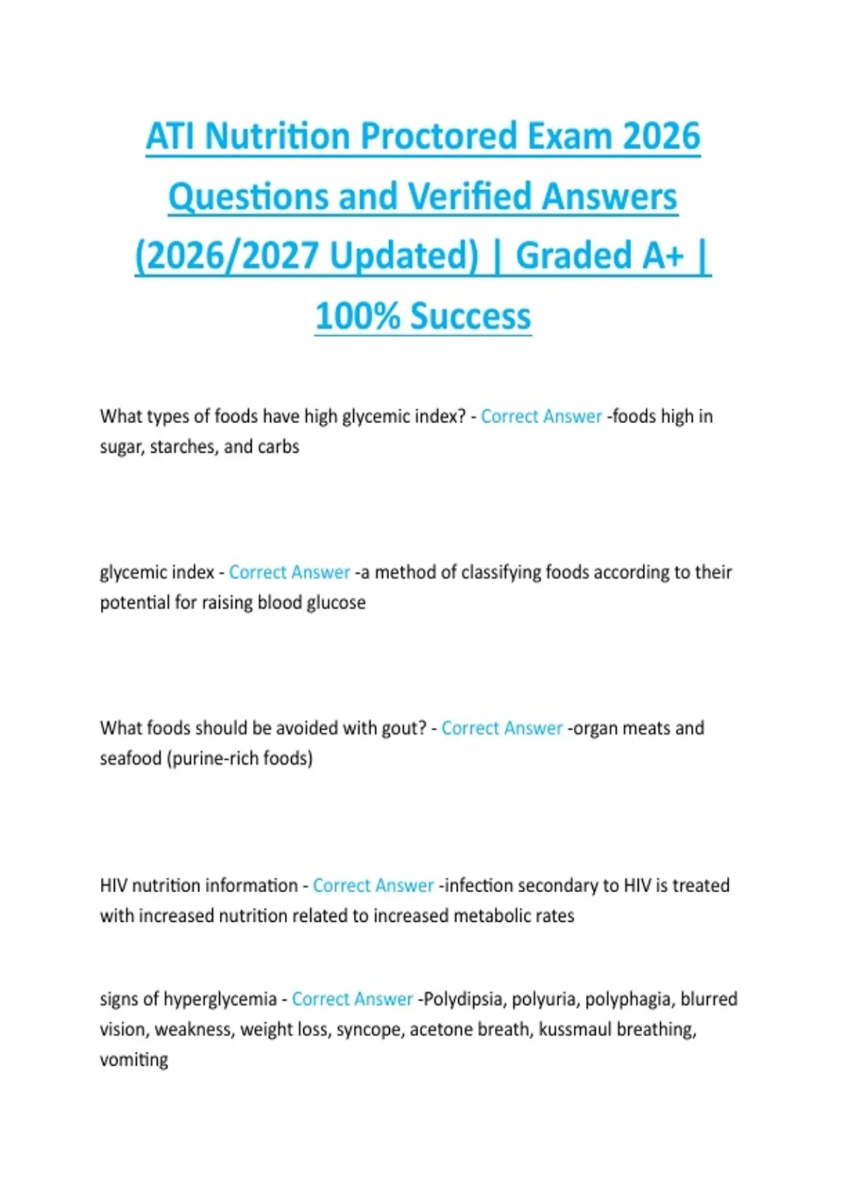 ATI Nutrition Proctored Exam 2026 Questions and Verified Answers (2026/ ...