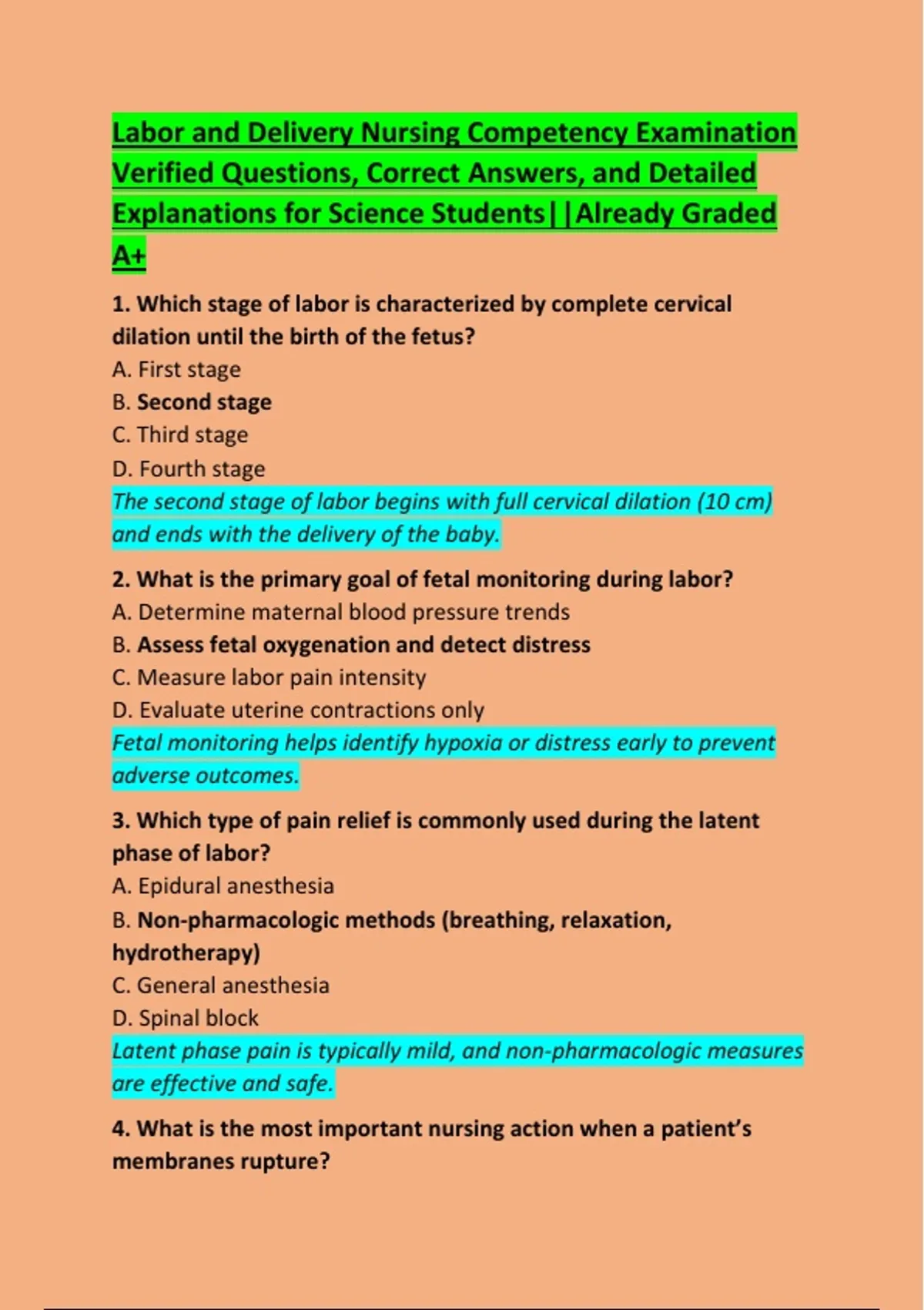 Labor and Delivery Nursing Competency Examination Verified Questions, Correct Answers, and ...