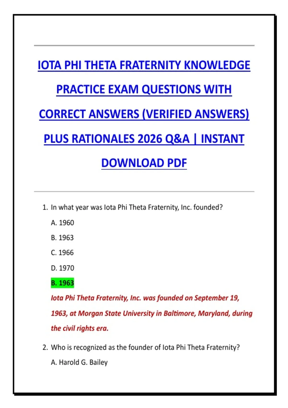 IOTA PHI THETA FRATERNITY KNOWLEDGE PRACTICE EXAM QUESTIONS WITH ...