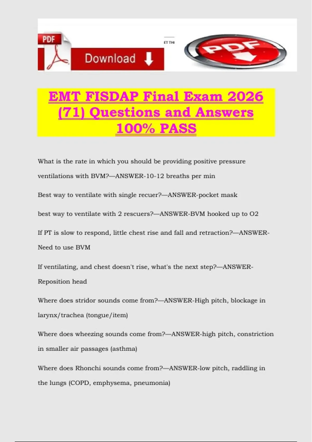 EMT FISDAP Final Exam 2026 (71) Questions and Answers 100% PASS - EMT ...