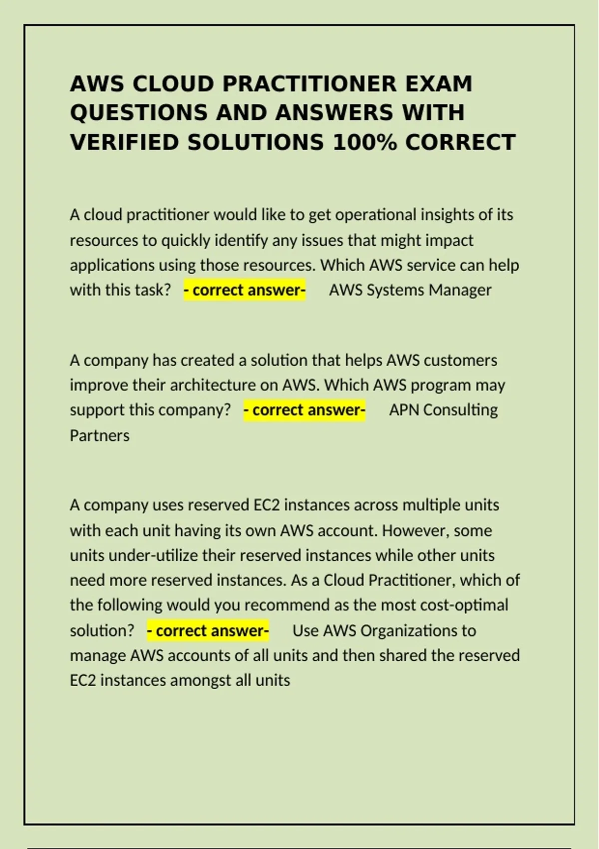 AWS Cloud Practitioner Exam Questions and answers with verified ...