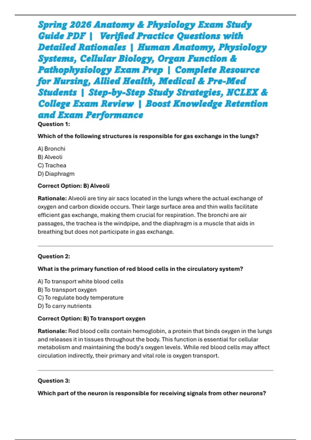 Spring 2026 Anatomy & Physiology Exam Study Guide PDF | Verified ...