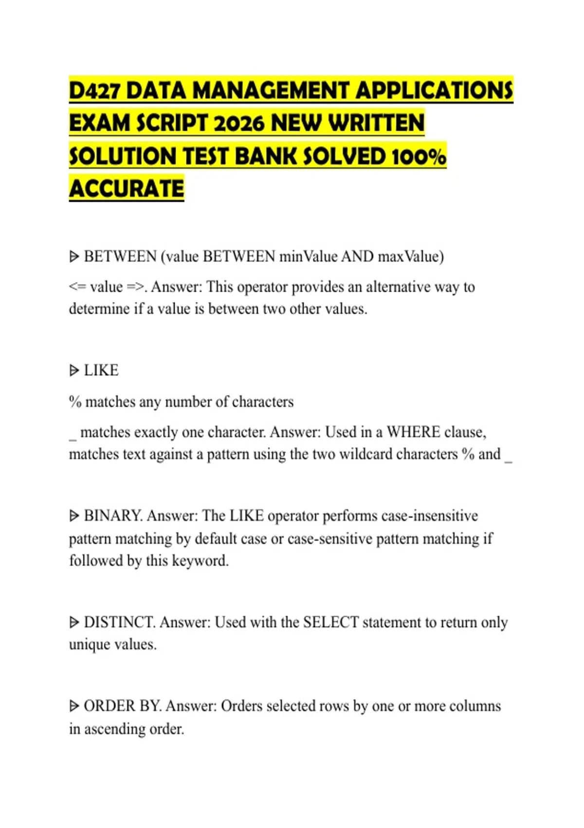 D427 DATA MANAGEMENT APPLICATIONS EXAM SCRIPT 2026 NEW WRITTEN SOLUTION ...