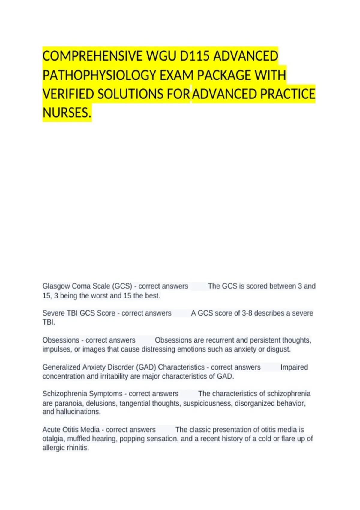 Comprehensive WGU D115 Advanced Pathophysiology exam package with ...