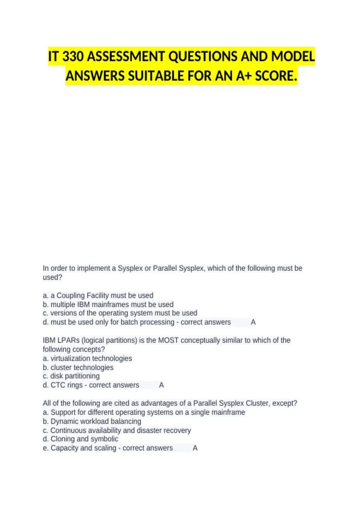 IT 330 ASSESSMENT QUESTIONS AND MODEL ANSWERS SUITABLE FOR AN A+ SCORE ...