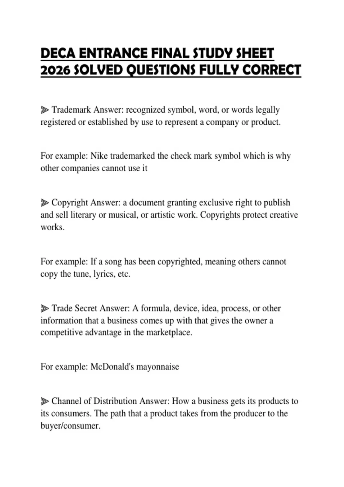 DECA ENTRANCE FINAL STUDY SHEET 2026 SOLVED QUESTIONS FULLY CORRECT ...