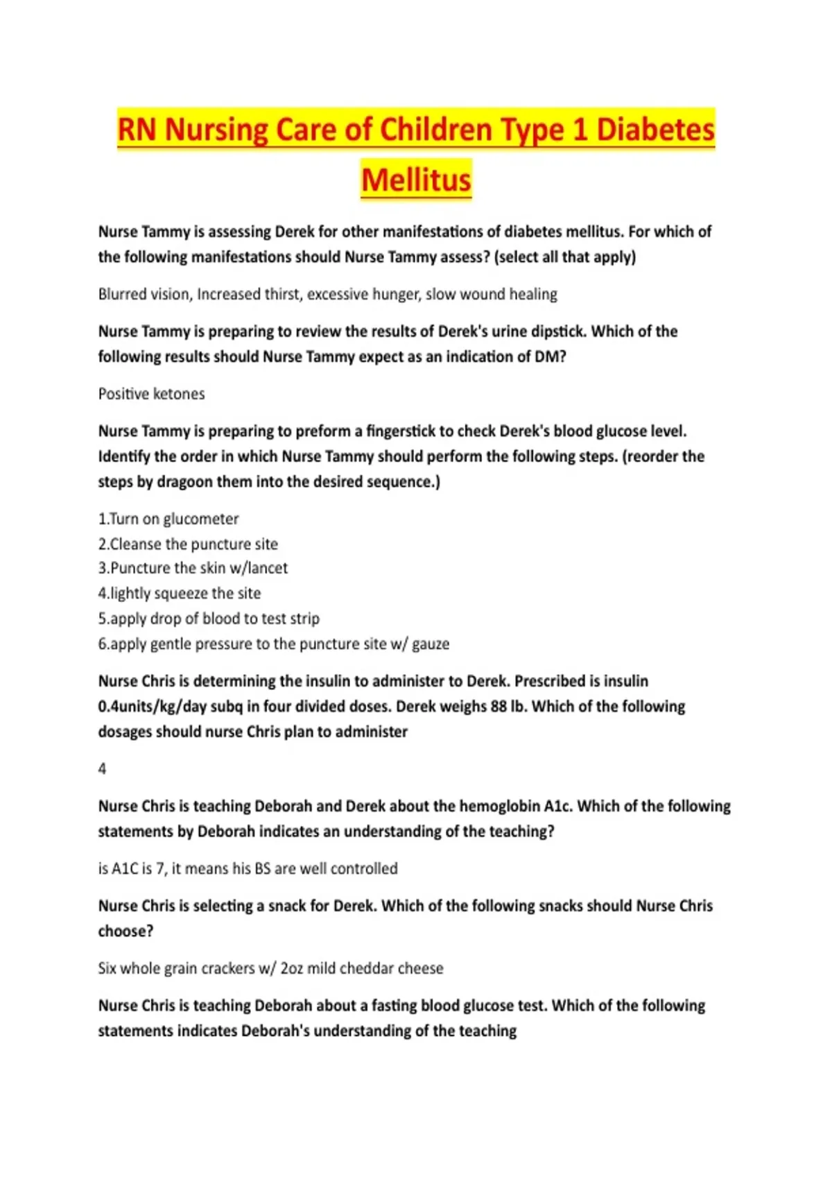 RN Nursing Care of Children Type 1 Diabetes Mellitus.pdf — EXAM STUDY ...
