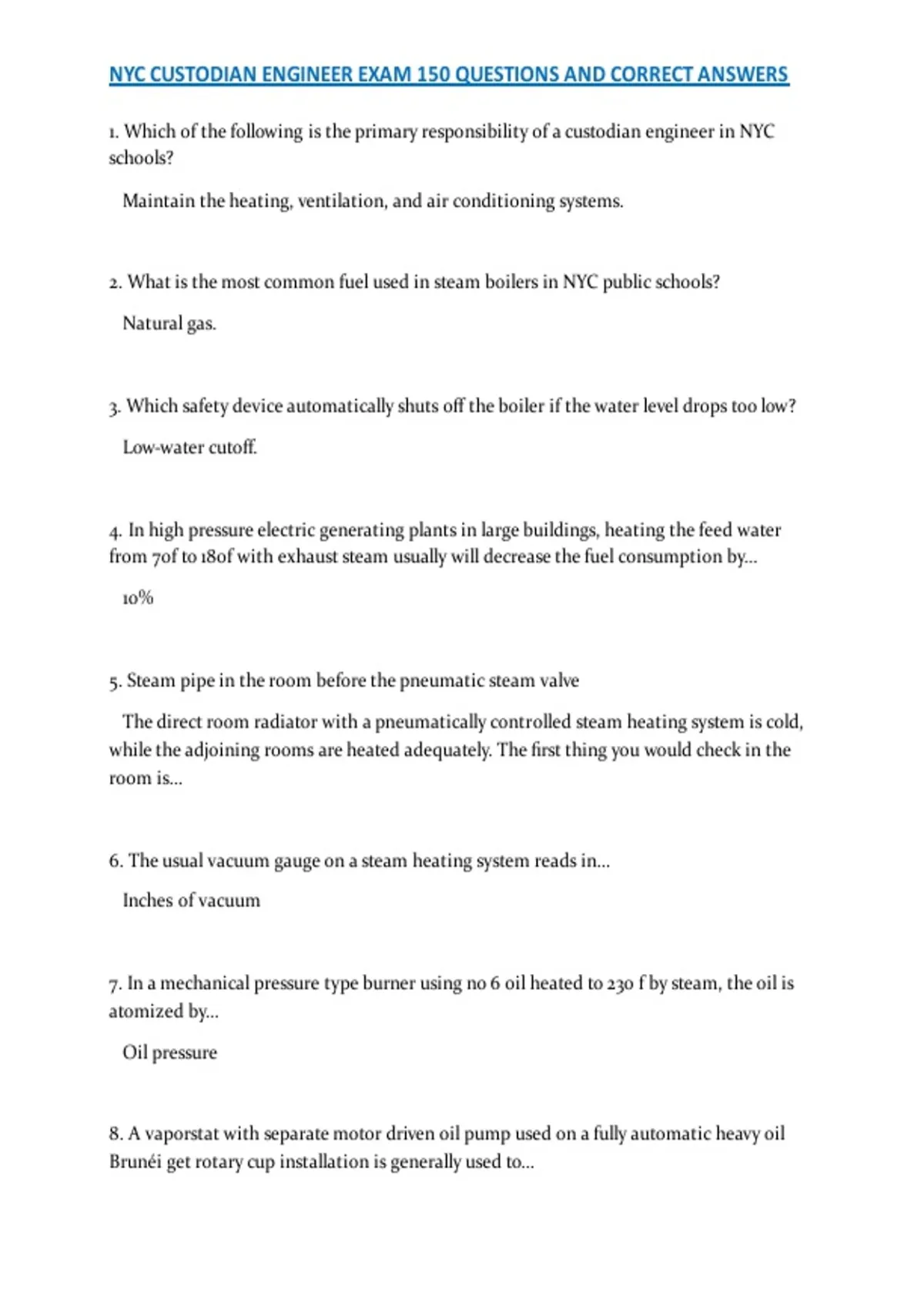 NYC CUSTODIAN ENGINEER EXAM 150 QUESTIONS AND CORRECT ANSWERS - NYC ...