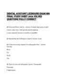 DENTAL ASSISTANT LICENSURE EXAM MN FINAL STUDY SHEET 2026 SOLVED QUESTIONS FULLY CORRECT