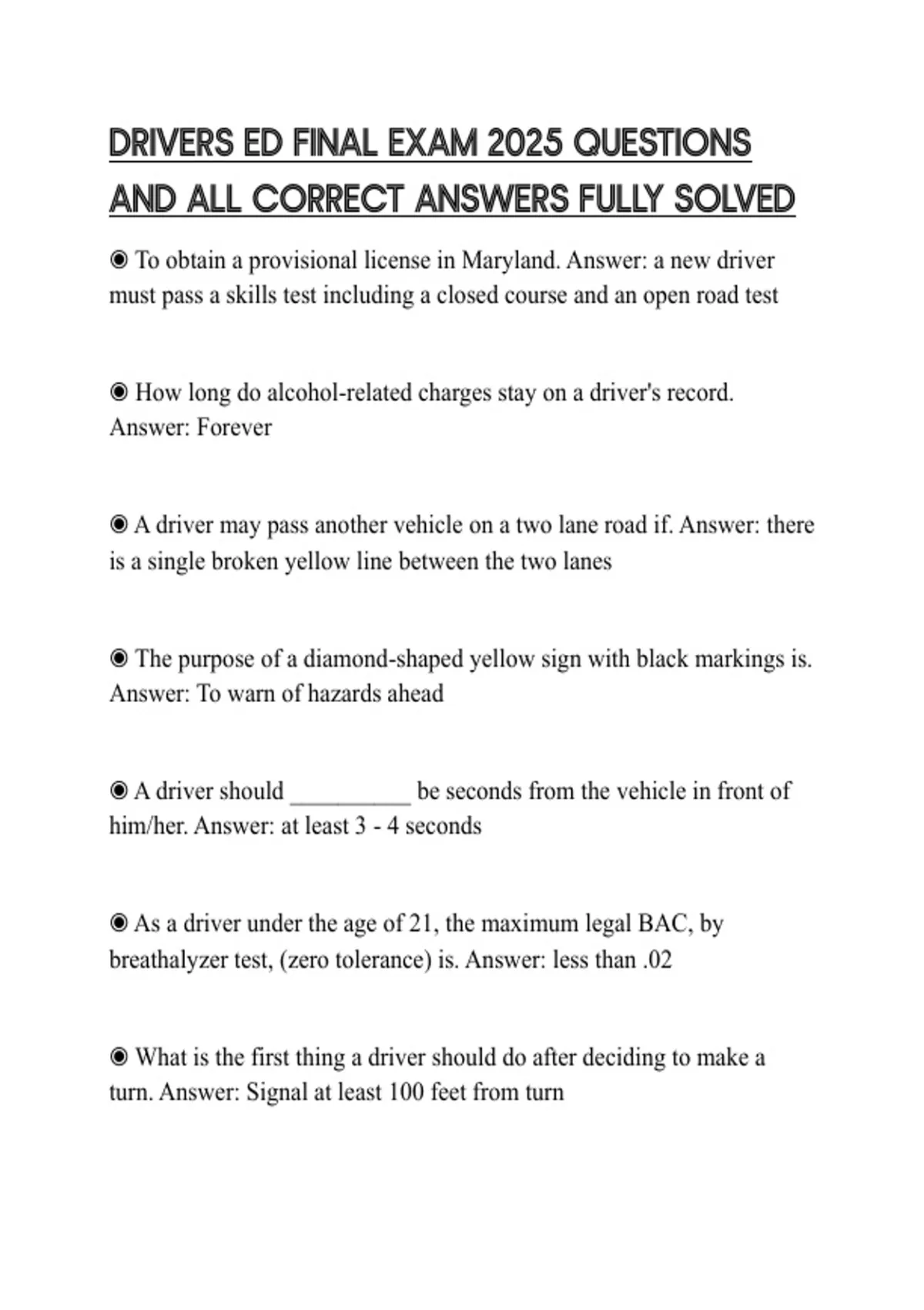 DRIVERS ED FINAL EXAM 2025 QUESTIONS AND ALL CORRECT ANSWERS FULLY ...