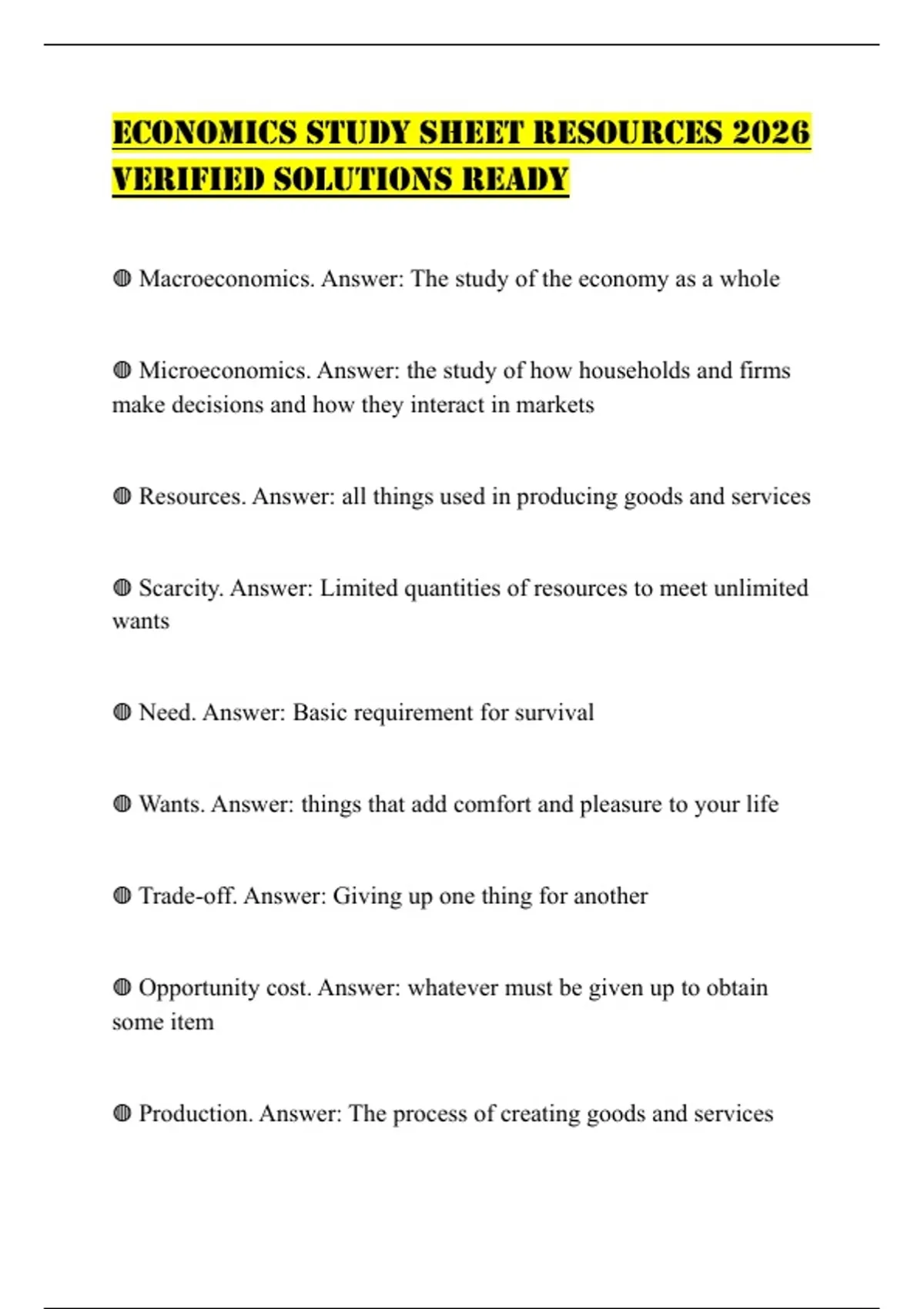 ECONOMICS STUDY SHEET RESOURCES 2026 VERIFIED SOLUTIONS READY ...