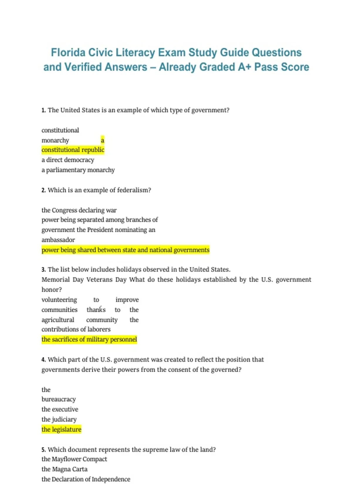 Florida Civic Literacy Exam Study Guide, Practice Questions with ...