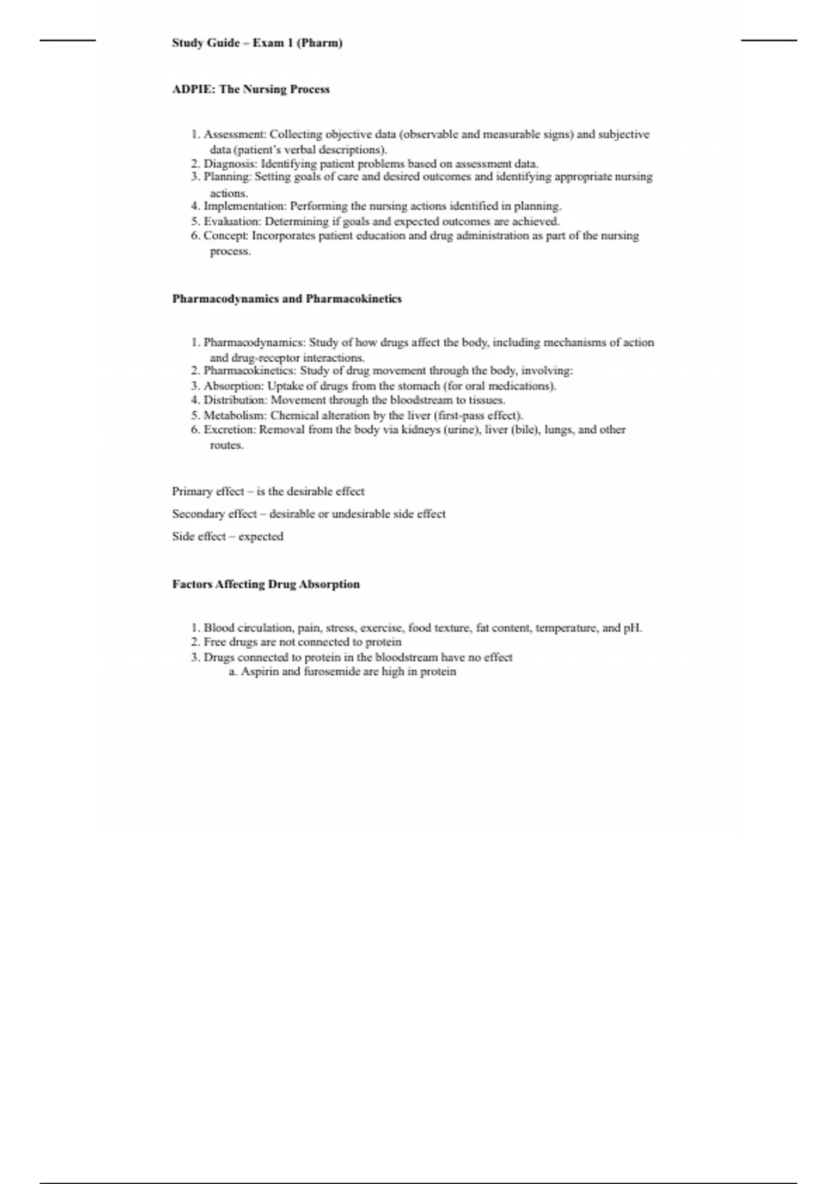 Pharm 101 Study Guide_ Exam 1 Overview of Nursing Principles and Drugs ...
