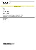 AQA AS HISTORY 7041&sol;2A Royal Authority and the Angevin Kings&comma; 1154&ndash;1216 Component 2A The Reign of Henry II&comma; 1154&ndash;1189 Mark scheme June 2025